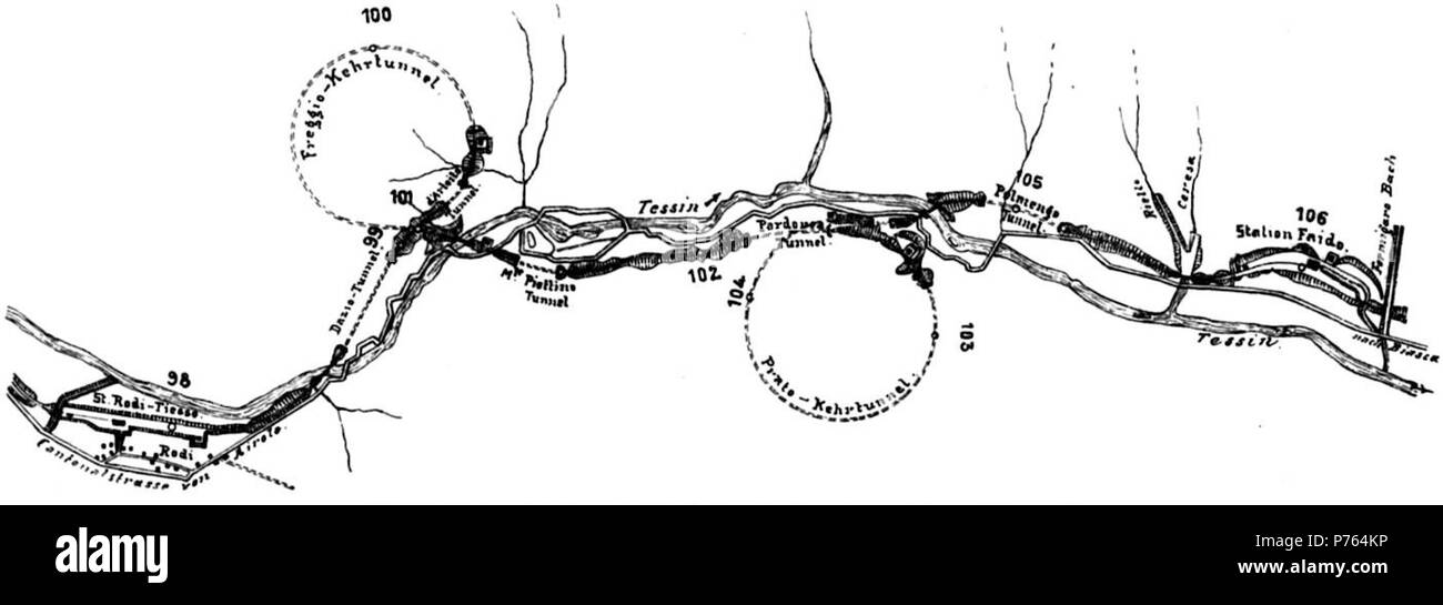 English: Outline of the Freggio and Prato spiral tunnels between the Rodi-Fiesso and Faido stations on the southern ramp to the Gotthard tunnel. Going down the southern ramp of the Gotthardbahn after the Gotthard Tunnel the line passes the station of Rodi-Fiesso in a 90° left turn, crosses to the left side of the Ticino River (Tessin) valley. There it passes the 270° Freggio Spiral Tunnel in a left turn into the left side of the valley. Leaving the tunnel the line crosses again the Ticino River valley to proceed a kilometer on the right valley side before moving through the 360° Prato Spiral T Stock Photo