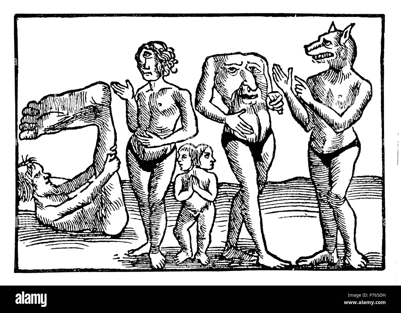 Fantastic representations of malformed human races. After Sebastian Minster's 'Cosmography'' of the year 1550',   1902 Stock Photo