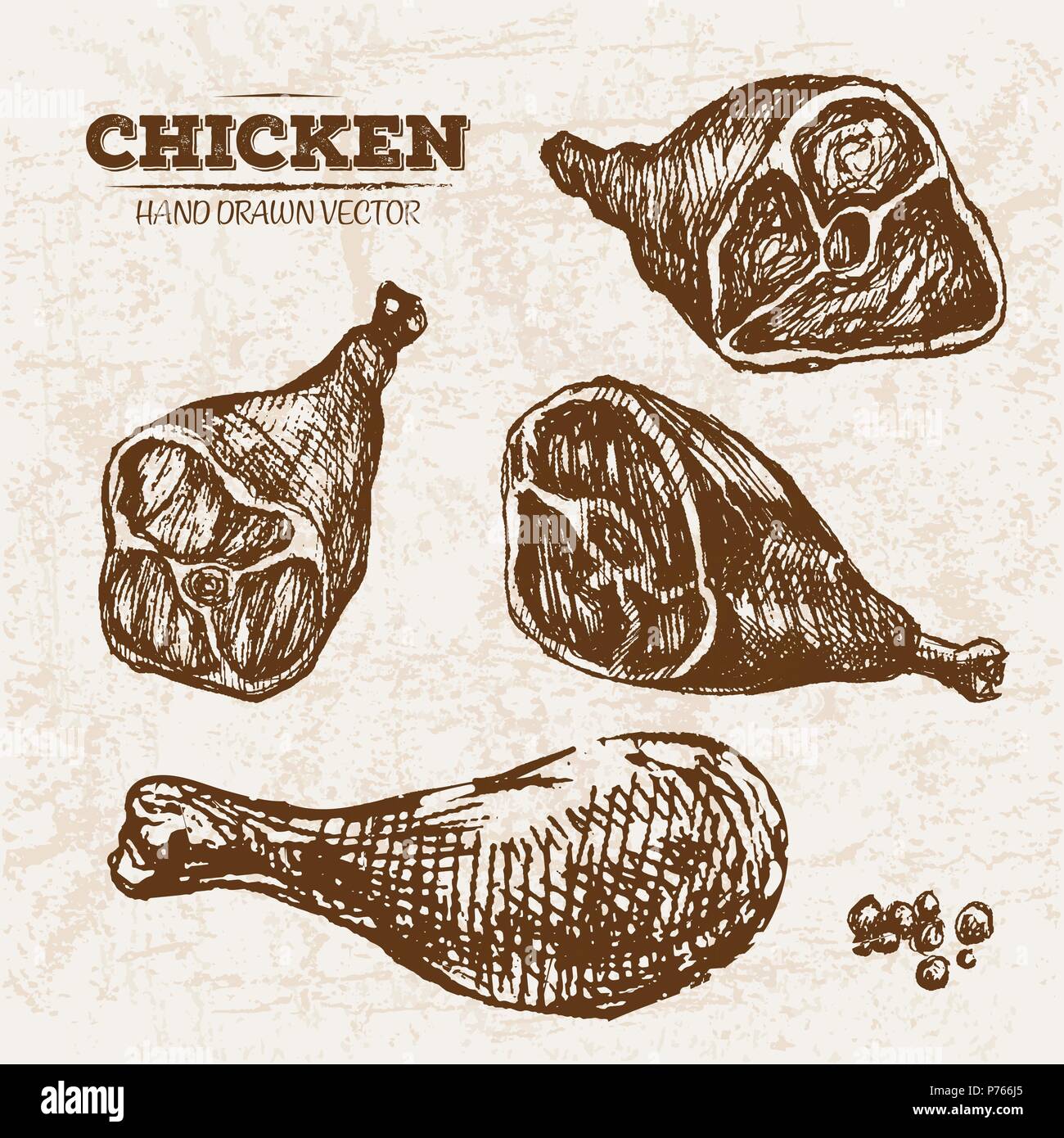 Chicken thigh leg food. Poultry meat, black and white hand drawn sketch  engraving vector illustration Stock Vector | Adobe Stock