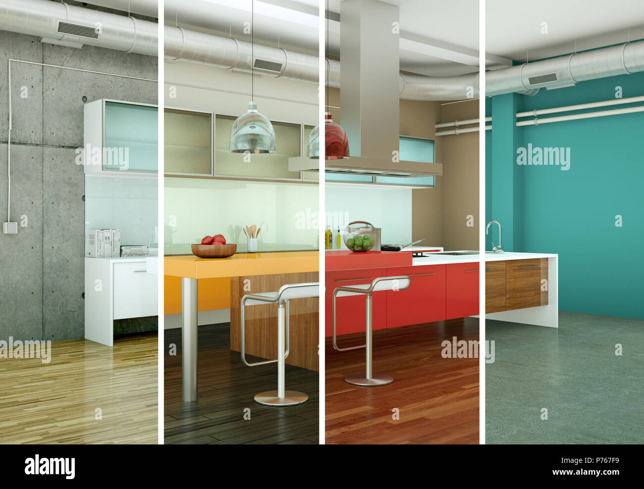 Splitted color variations of a modern kitchen with a beautiful design ...
