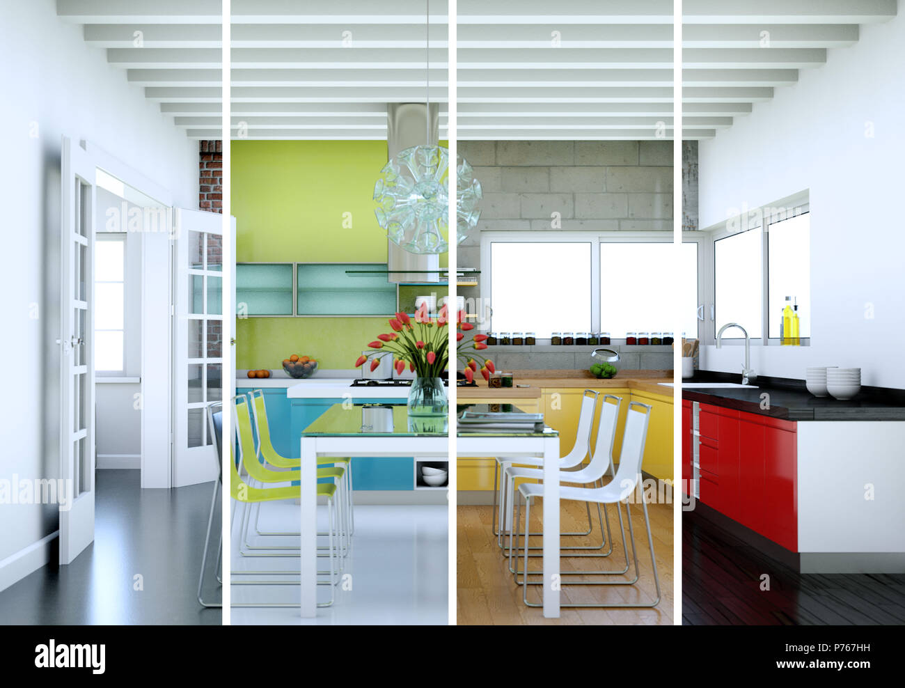 Splitted color variations of a modern kitchen with a beautiful design ...