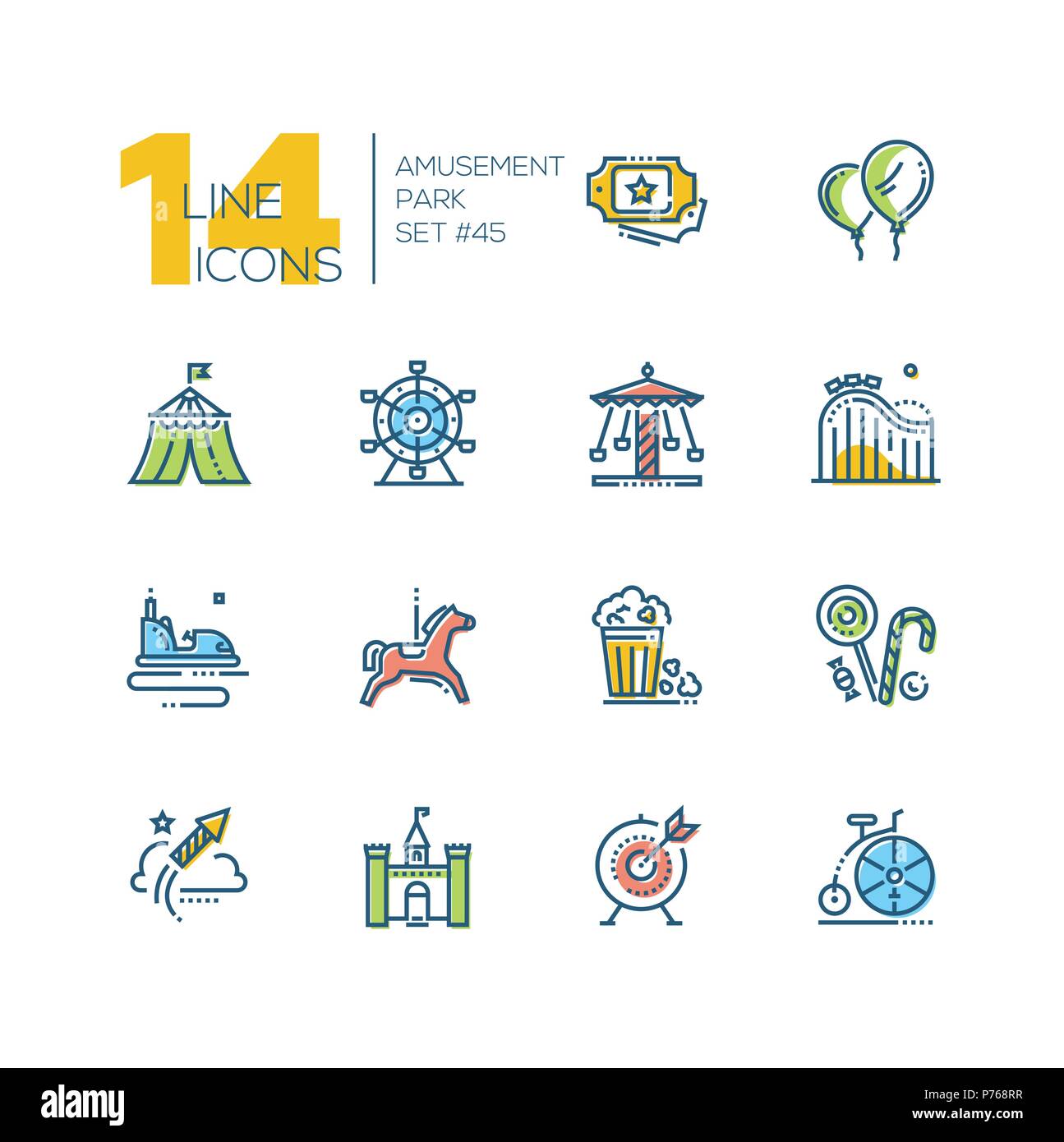 Amusement park - set of line design style colorful icons on white ...