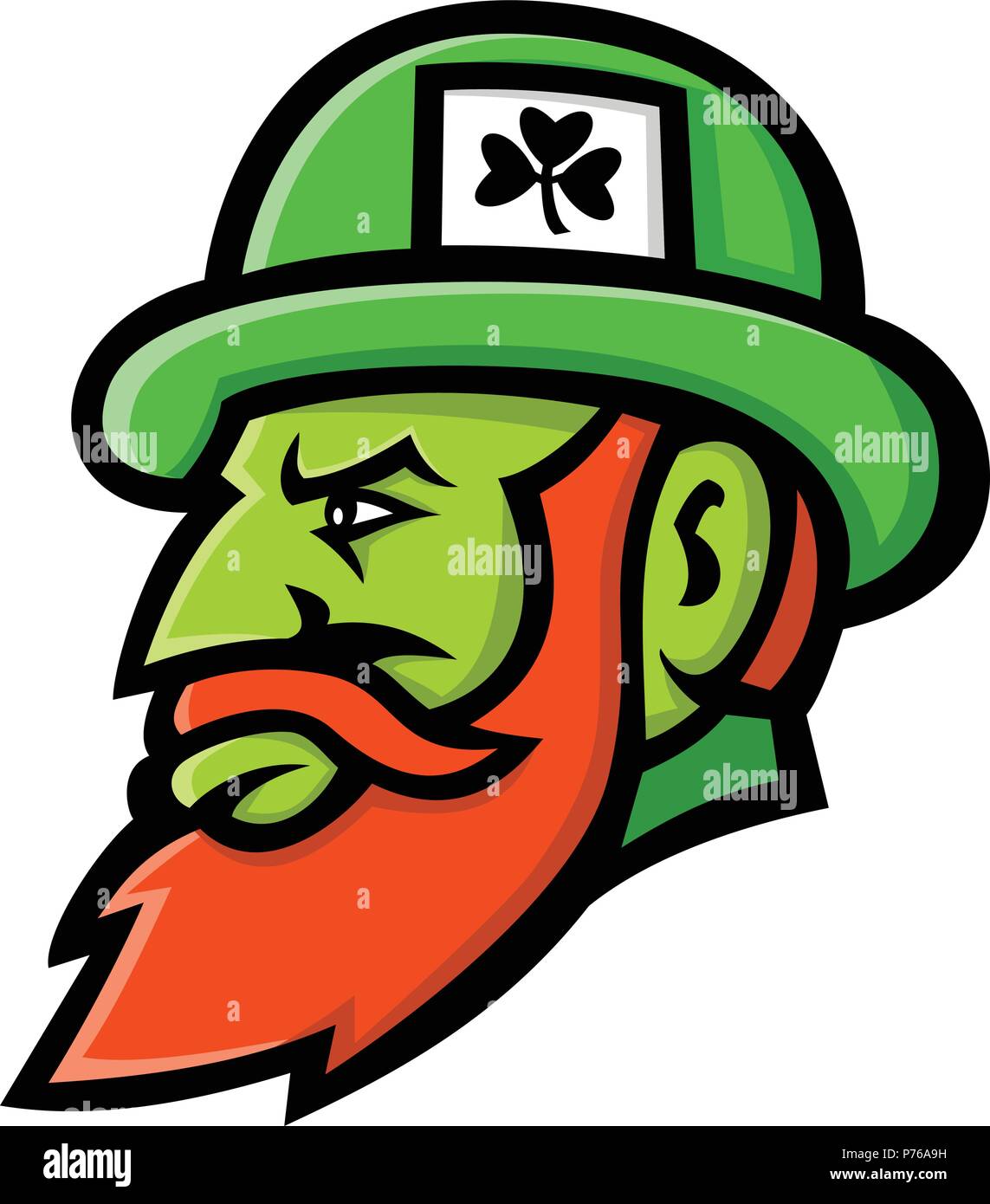 Mascot icon illustration of head of a leprechaun, a type of fairy in Irish folklore depicted as little green bearded man, wearing a coat and hat, view Stock Vector