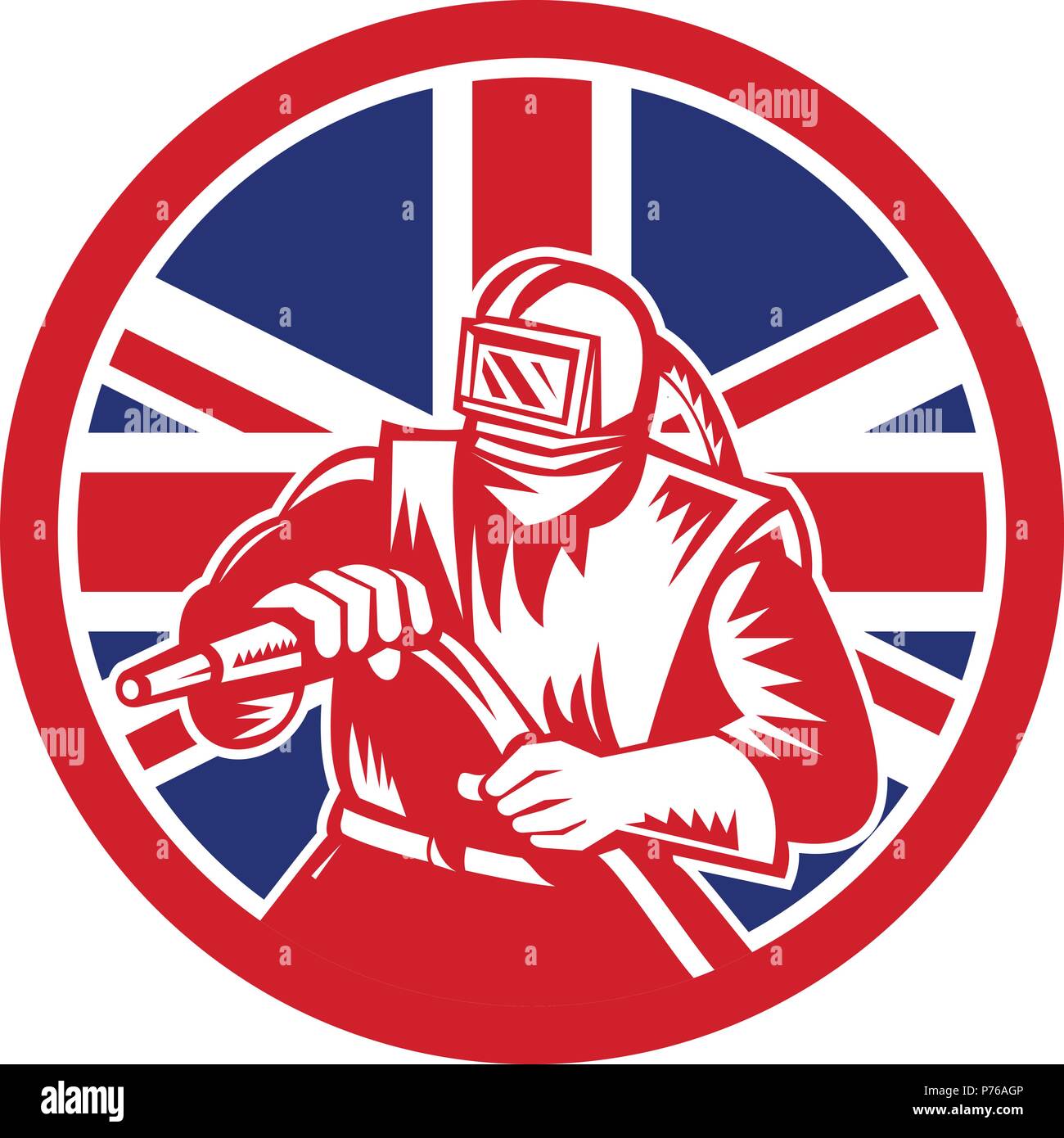 Icon retro style illustration of a British sandblaster, abrasive blasting or sandblasting,  with United Kingdom UK, Great Britain Union Jack flag set  Stock Vector
