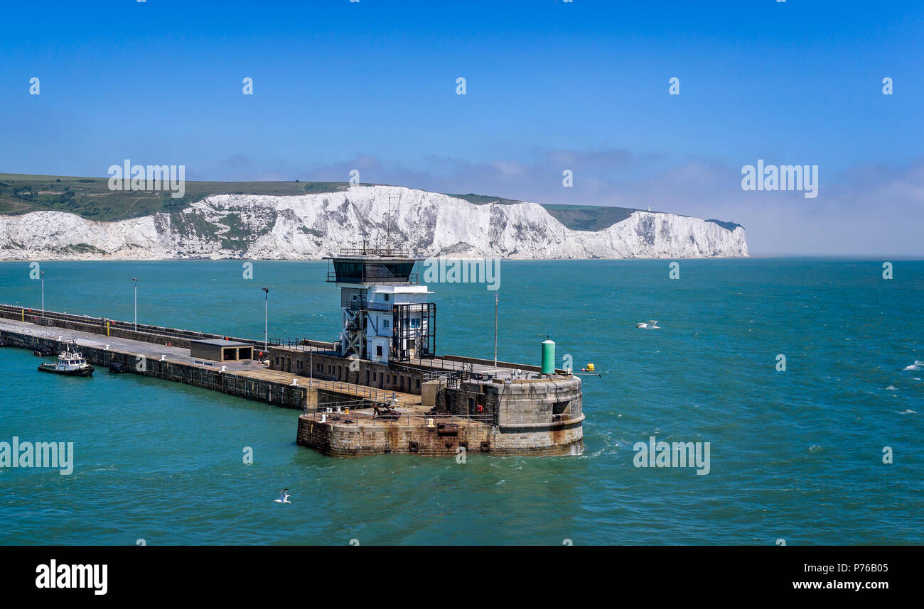 View of white cliffs of Dover from ferry docking at Dover Port in Dover, Kent, UK taken on 30 June 2018 Stock Photo