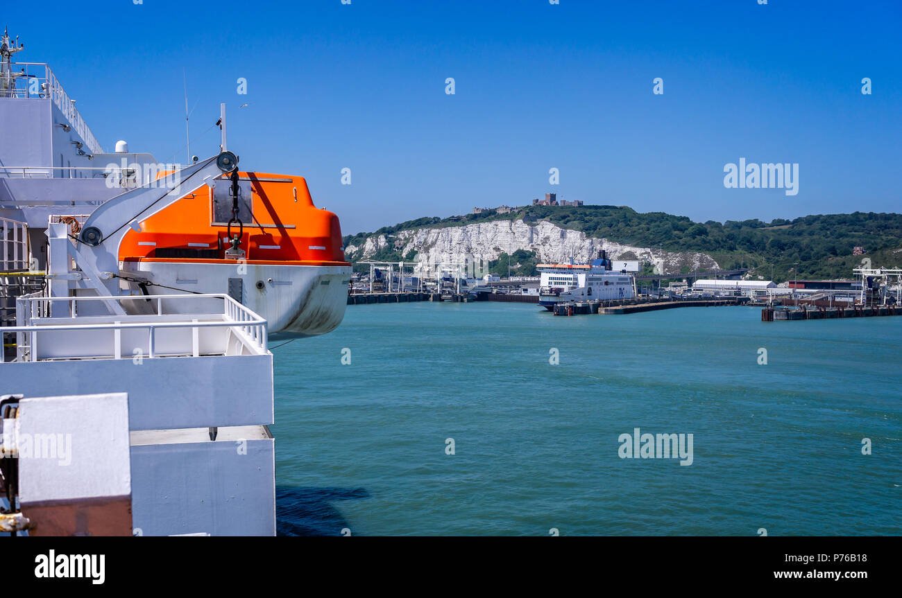 Ferry coming in to dock at Dover Port taken from a ferry in Dover, Kent, UK on 30 June 2018 Stock Photo