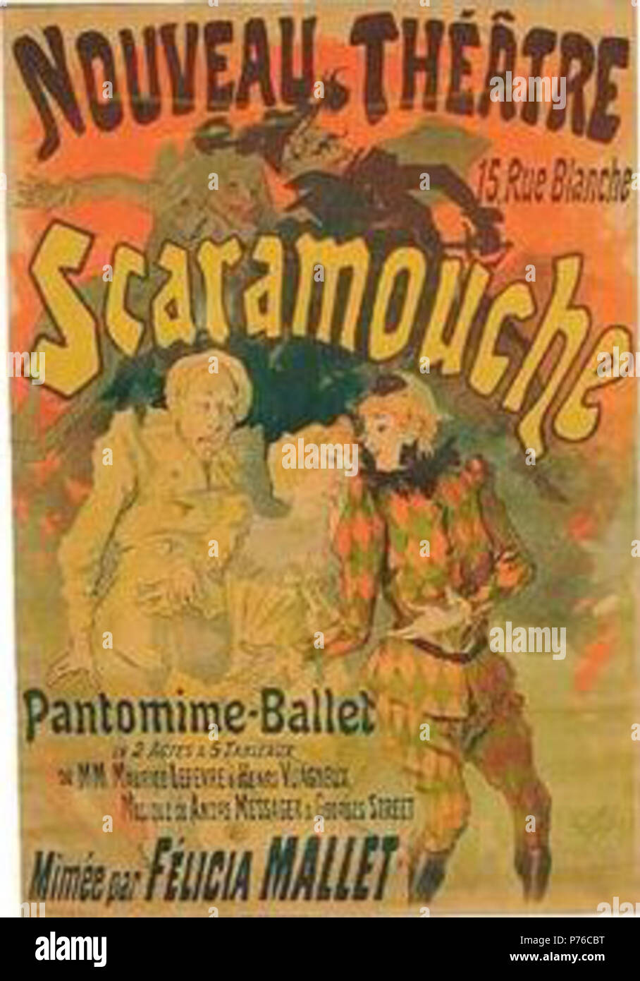English: 1891 poster for the ballet/pantomime Scaramouche, written by Maurice Lefèvre and Henri Vuagneux, with music by André Messager (1853-1929), starring Félicia Mallet . 4 February 2014, 12:38:32 210 Scaramouche 1891 poster Stock Photo