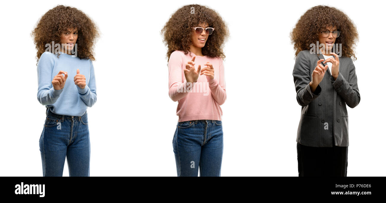 African american young woman wearing different outfits disgusted ...