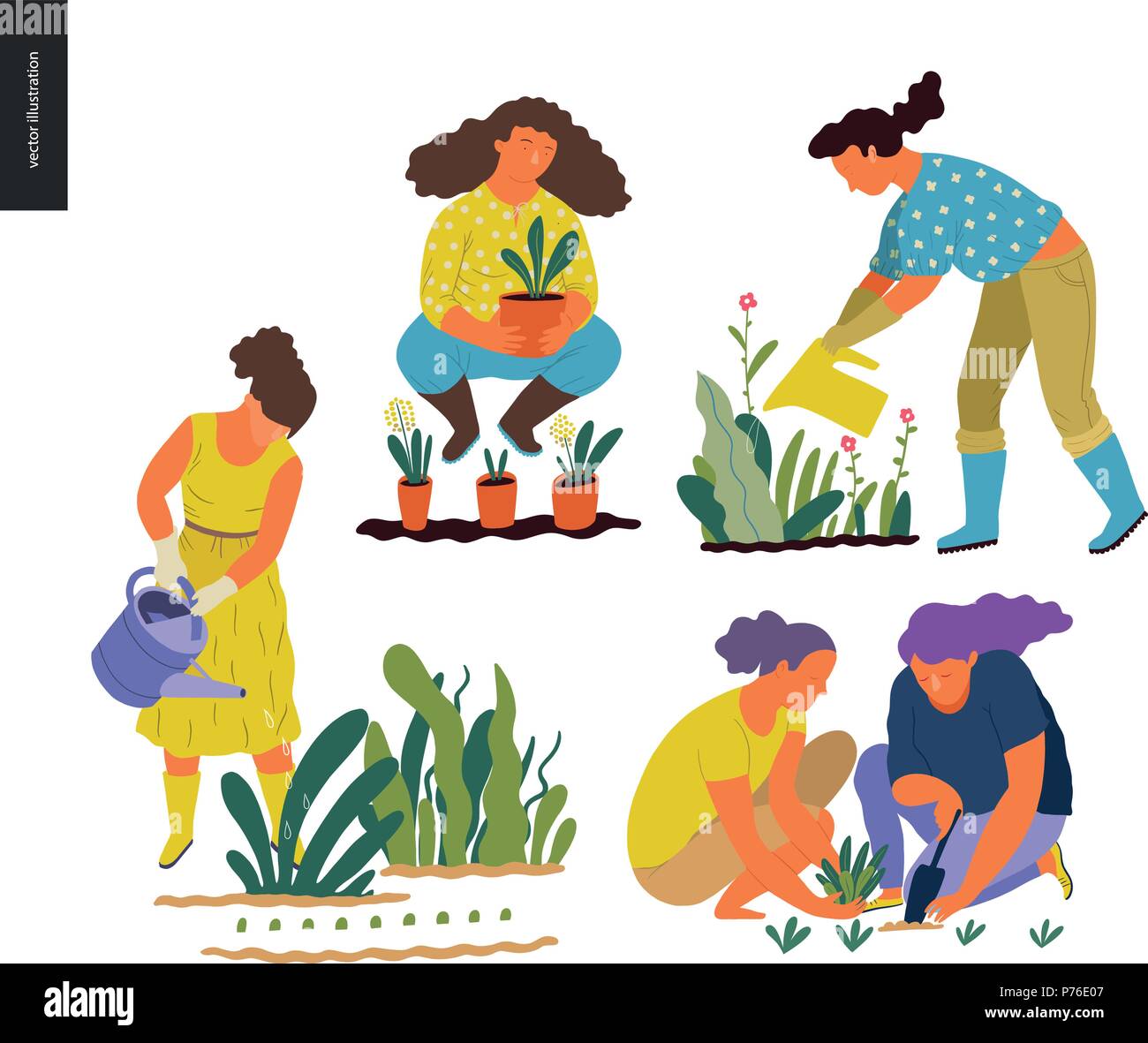 People summer gardening set of vector flat hand drawn illustrations