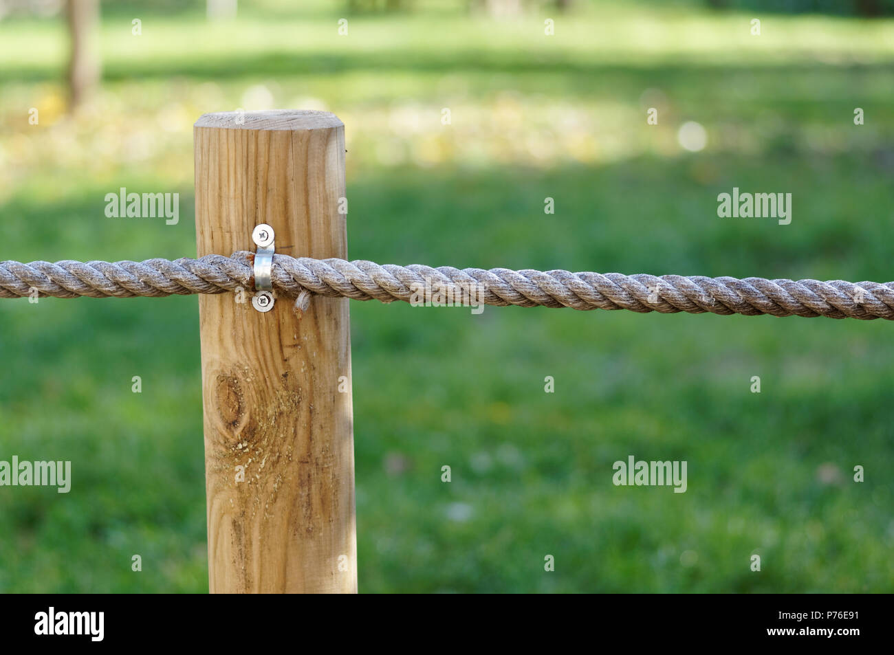 wooden stake with thick ropes protects the green meadow. Green sun lawn Stock Photo Alamy