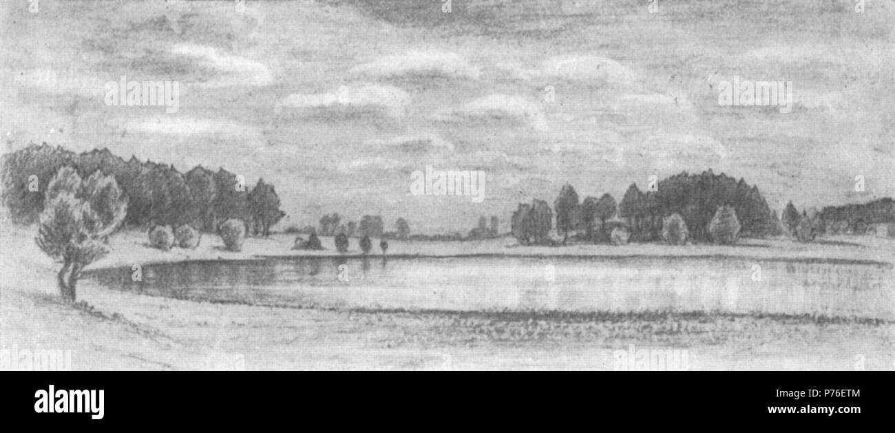Deutsch: Originalbildunterschrift: Der berühmte Koboldsee; in der Ferne die Kirche von Straupitz. 1878 . 1878 228 Wilibald von Schulenburg015 Stock Photo