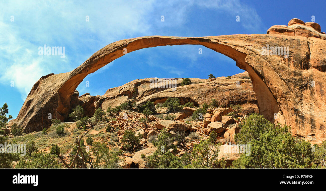 Thin Arch, Arches National Park, Utah, USA, Long Stone Arch, Colorado Plateau, Erosion, Desert Climate, Nature Landscape, Nature Experience Stock Photo