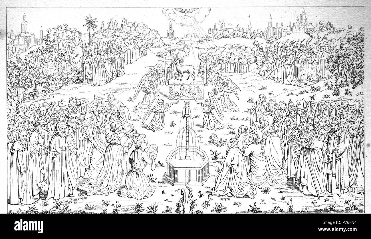 Adoration of the Mystic Lamb, The groupings of figures are, from top left anti-clockwise: the male martyrs, the pagan writers and Jewish prophets, the male saints, and the female martyrs, digital improved reproduction of an original print from the year 1881 Stock Photo