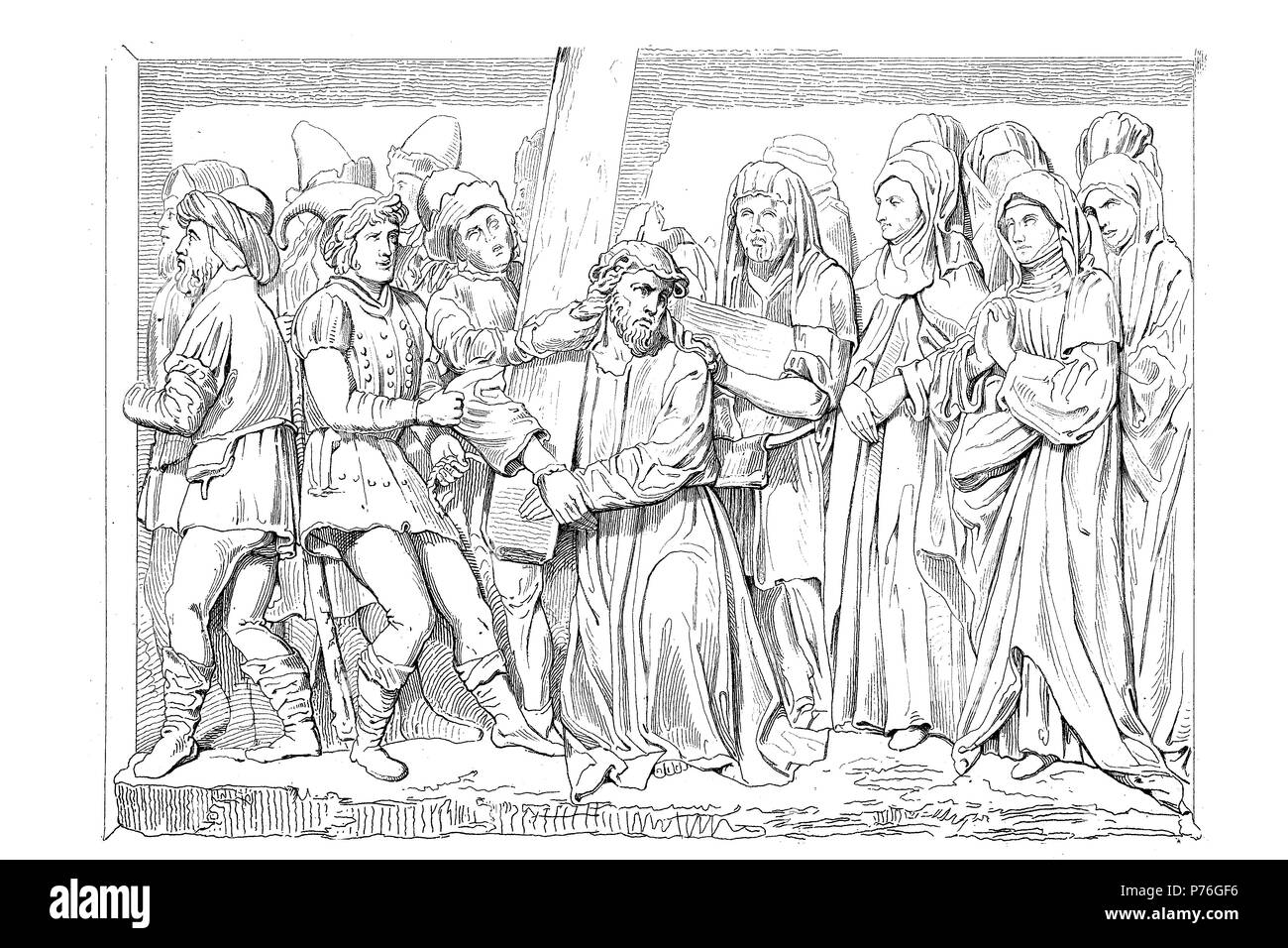Christ Carrying the Cross on his way to his crucifixion is an episode included in all four Gospels, and a very common subject in art, especially in the fourteen Stations of the Cross, digital improved reproduction of an original print from the year 1881 Stock Photo