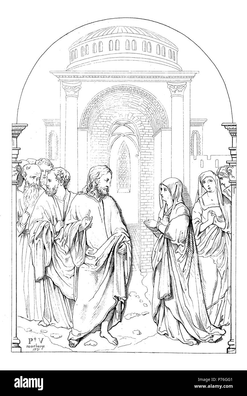 Jesus Christ and the sisters of Lazarus, Martha of Bethany and Mary of Bethany, digital improved reproduction of an original print from the year 1881 Stock Photo