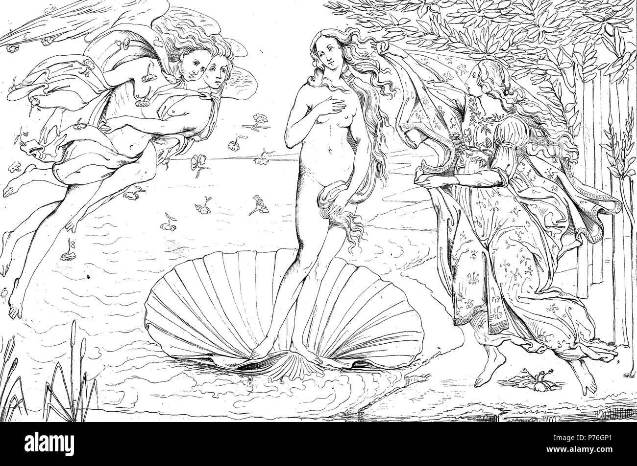 The Birth of Venus is a painting by the Italian artist Sandro Botticelli, digital improved reproduction of an original print from the year 1881 Stock Photo