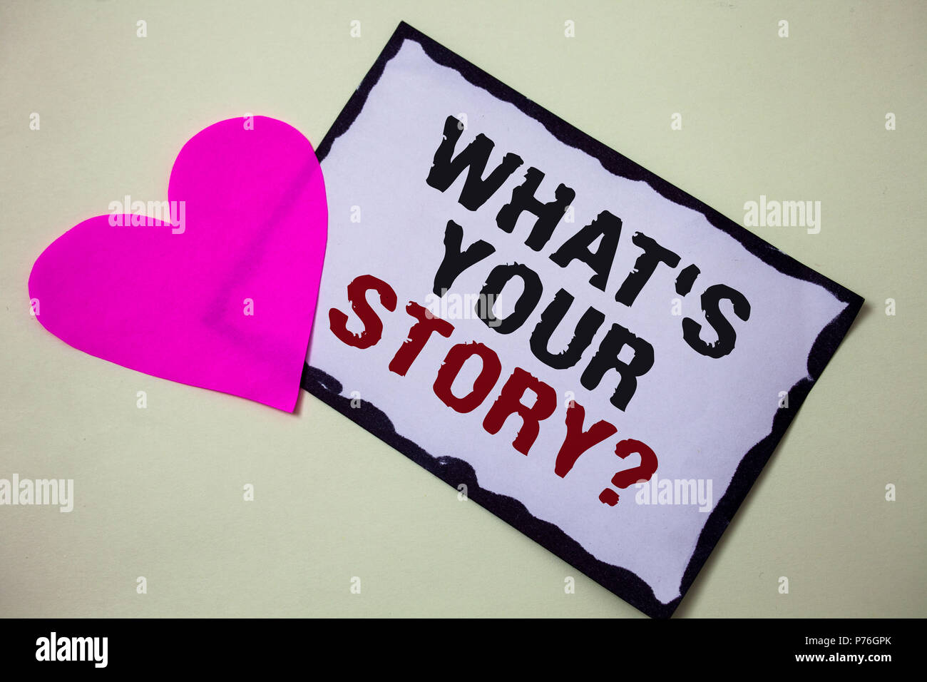 Text sign showing What'S Your Story Question. Conceptual photo asking someone to tell me about himself Hart love pink white background love lovely tho Stock Photo