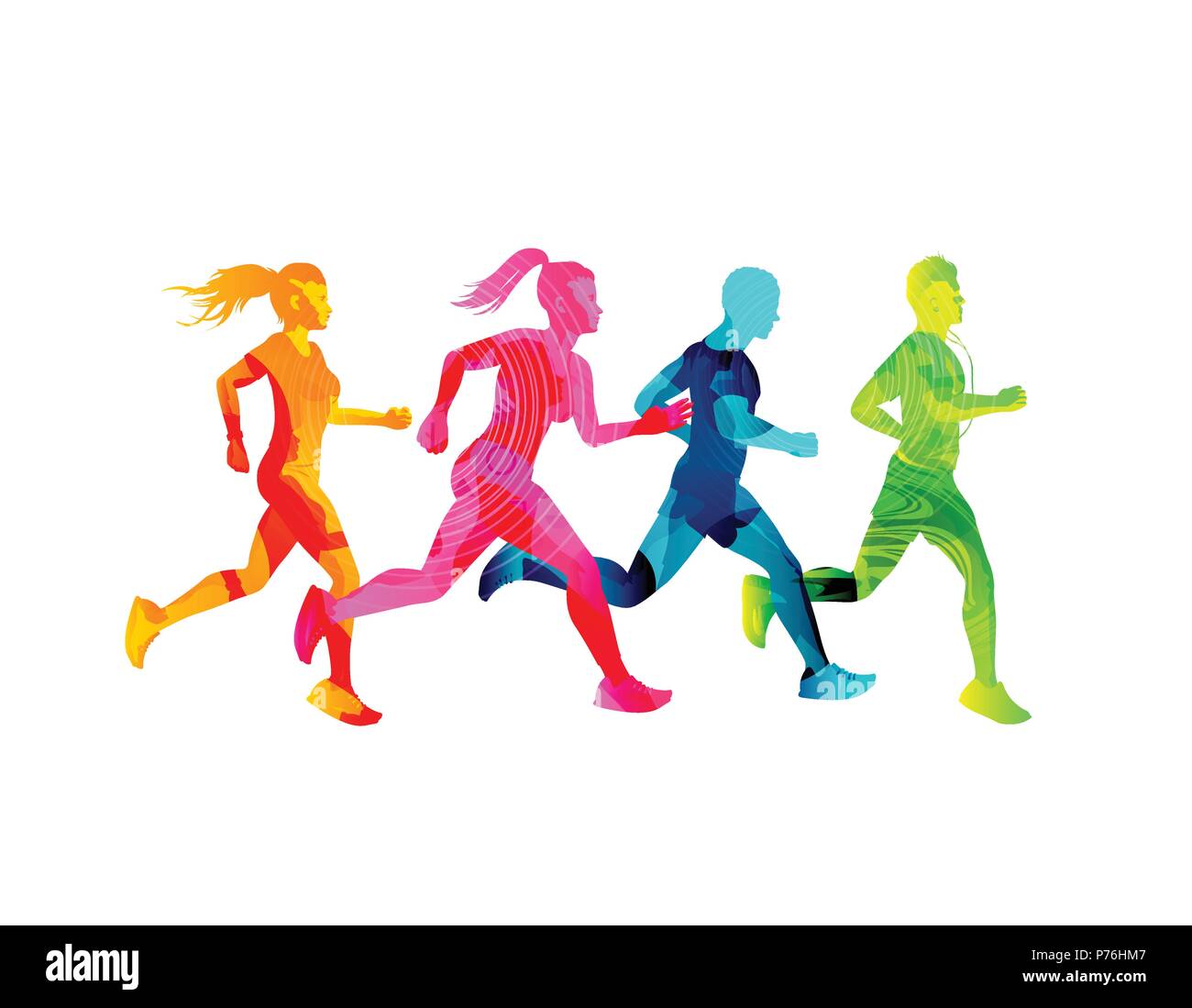 A group of running men and women staying fit. Colourful texture people silhouettes. Vector illustration. Stock Vector
