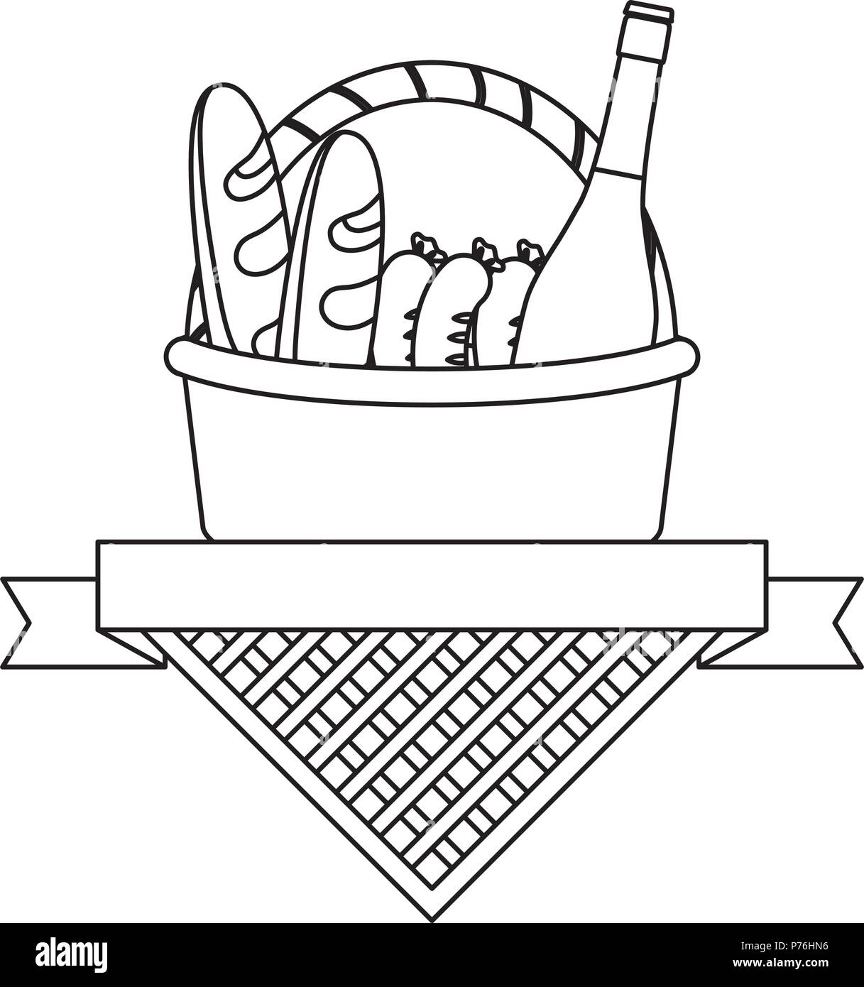 picnic emblem with picnic basket with champagne bottle and food over