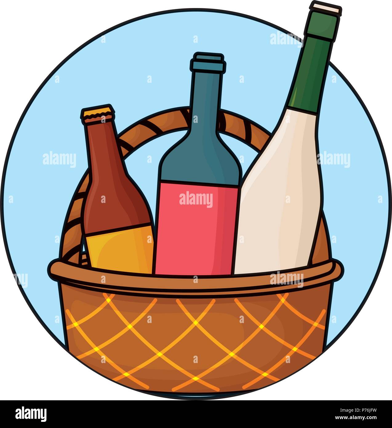picnic basket with wine bottle and drink bottles over white background ...