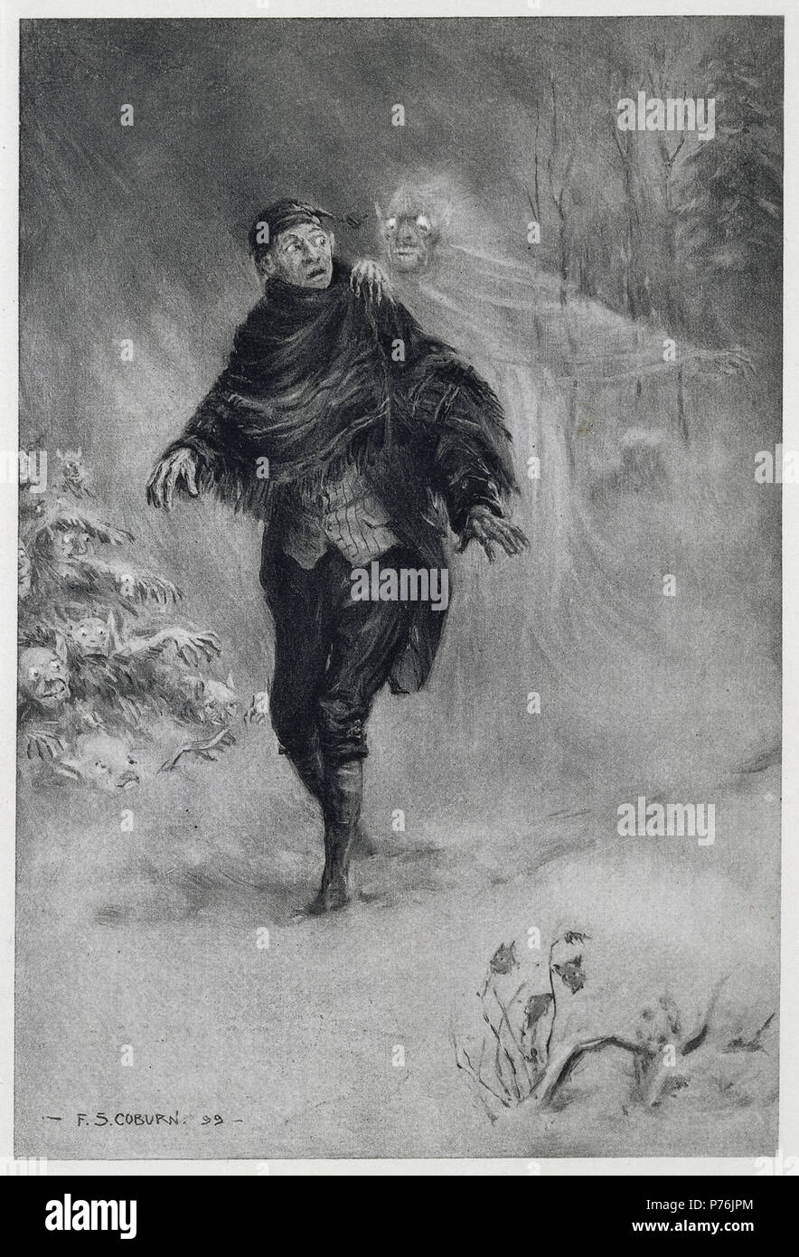 . 'What fearful shapes and shadows beset his path amidst the dim and ghastly glare of a snowy night!' .  Ichabod Crane imagining a phantom at his shoulder. American ghost story and folk tale. 1899 1 What fearful shapes and shadows beset his path - The Legend of Sleepy Hollow (1899), frontispiece - BL Stock Photo