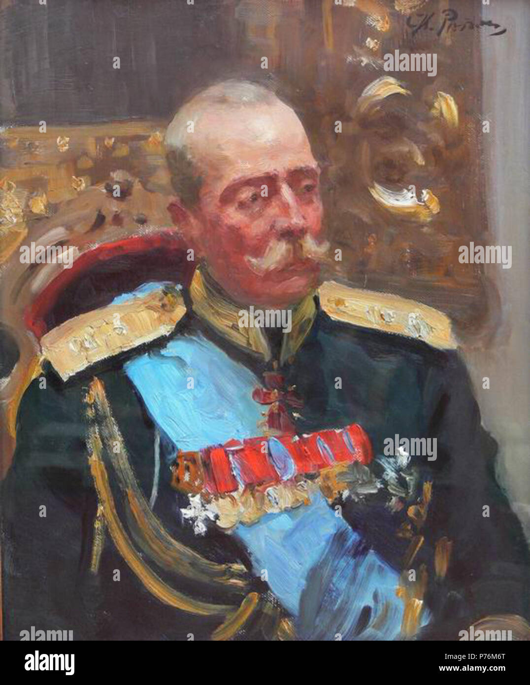 English: Portrait of member of State Council and general of infantry Prince Alexander Petrovich of Oldenburg. Study for the picture Formal Session of the State Council. Oil on canvas. The State Russian Museum, St. Petersburg. Español: Retrato del miembro del Consejo de Estado y general de infantería Príncipe Aleksandr Petrovich de Oldenburg. Estudio para el cuadro Sesión solemne del Consejo de Estado. Óleo sobre lienzo. Museo estatal ruso, San Petersburgo. :           .       . , .   , -. 1902 or 1903 173 Oldenburgsky by Repin Stock Photo