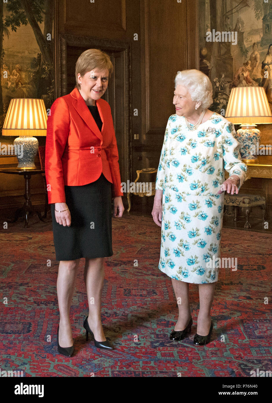 Queen Elizabeth Ii Meets Scotland S First Minister Nicola Sturgeon During An Audience At The Palace Of Holyrood House In Edinburgh Stock Photo Alamy