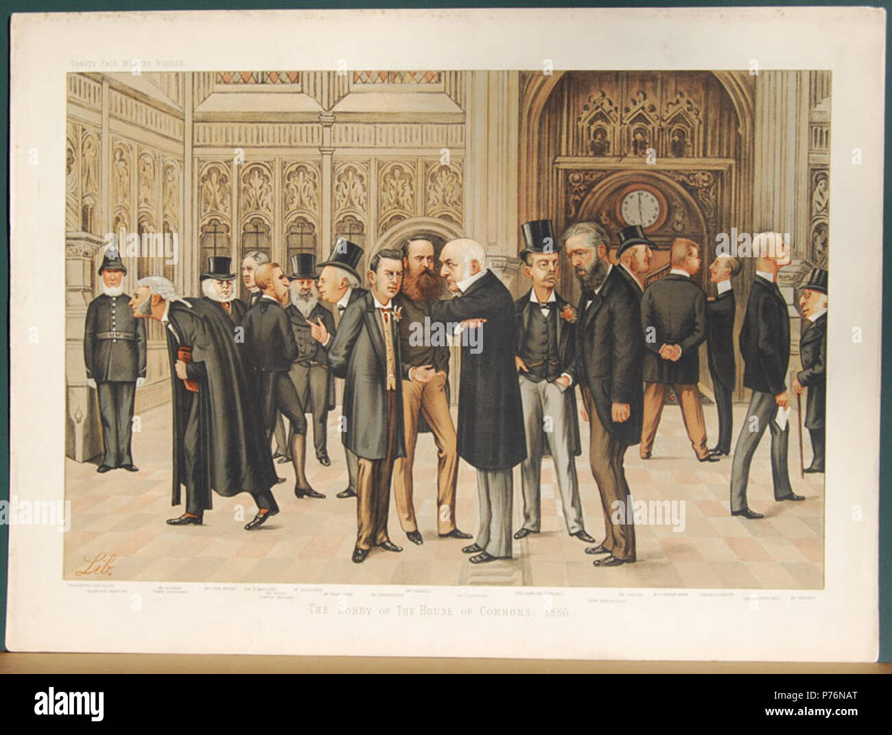 Winter supplement: The Lobby of The House of Commons. Caption reads: 'The Lobby of The House of Commons' The five figures in the foreground are (left to right) : Joseph Chamberlain Charles Stewart Parnell William Ewart Gladstone Randolph Spencer-Churchill Marquess of Hartington . 30 November 1886 221 The Lobby of The House of Commons, Vanity Fair, 1886-11-30 Stock Photo