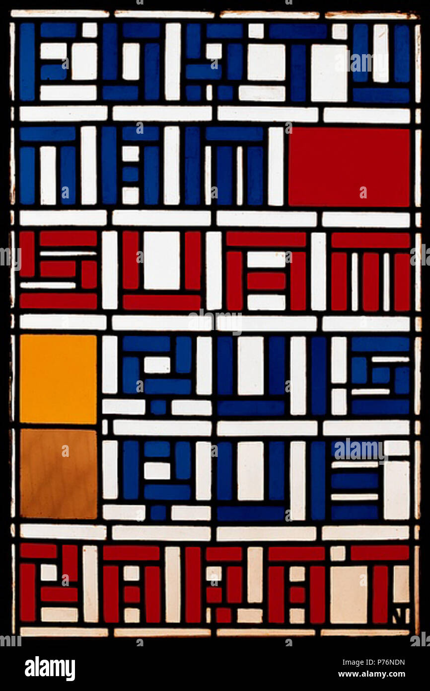 Stained glass window. Leaded glass. 57 × 38 cm. Strasbourg, Musée d'Art Moderne et Contemporain de Strasbourg. Alternative title(s): Vitrail Fortunam suam quisque parat. Signature bottom right: TvD Provenance: 1927: commissioned by André Horn, Strasbourg () 1958: given to Musée d'Art Moderne et Contemporain de Strasbourg, Strasbourg, by Paul Horn (1879-1960), Strasbourg . circa 1928 221 Theo van Doesburg 045 Stock Photo
