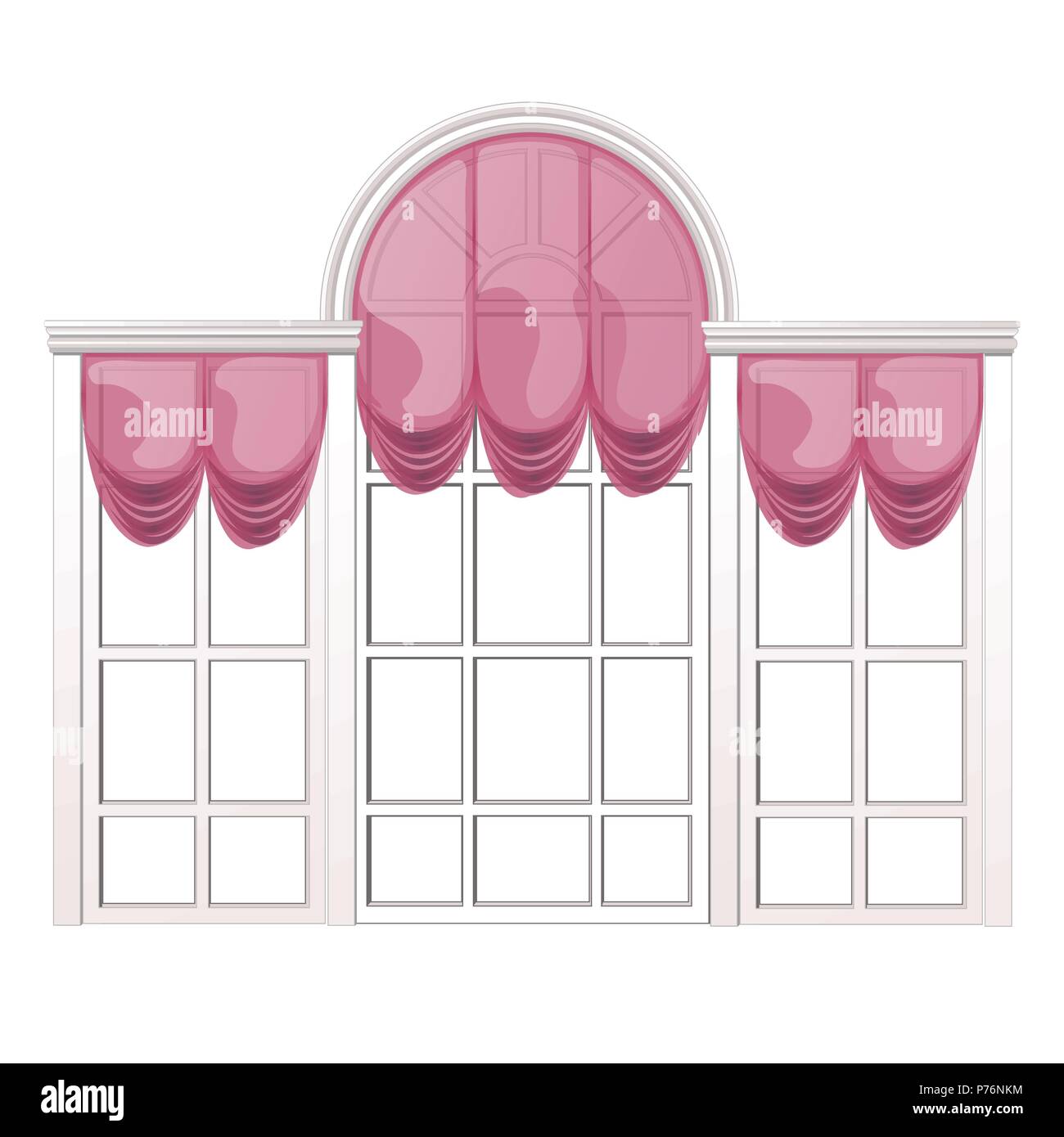 French window and pink curtain isolated on white background. Vector cartoon closeup