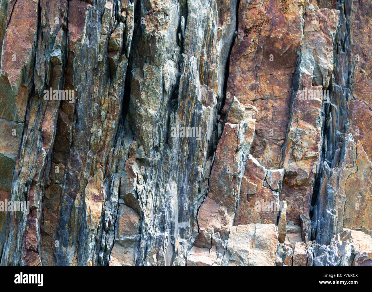 close up of sedimentary rock strata folded vertically and exposed by coastal erosion, west coast, ireland Stock Photo