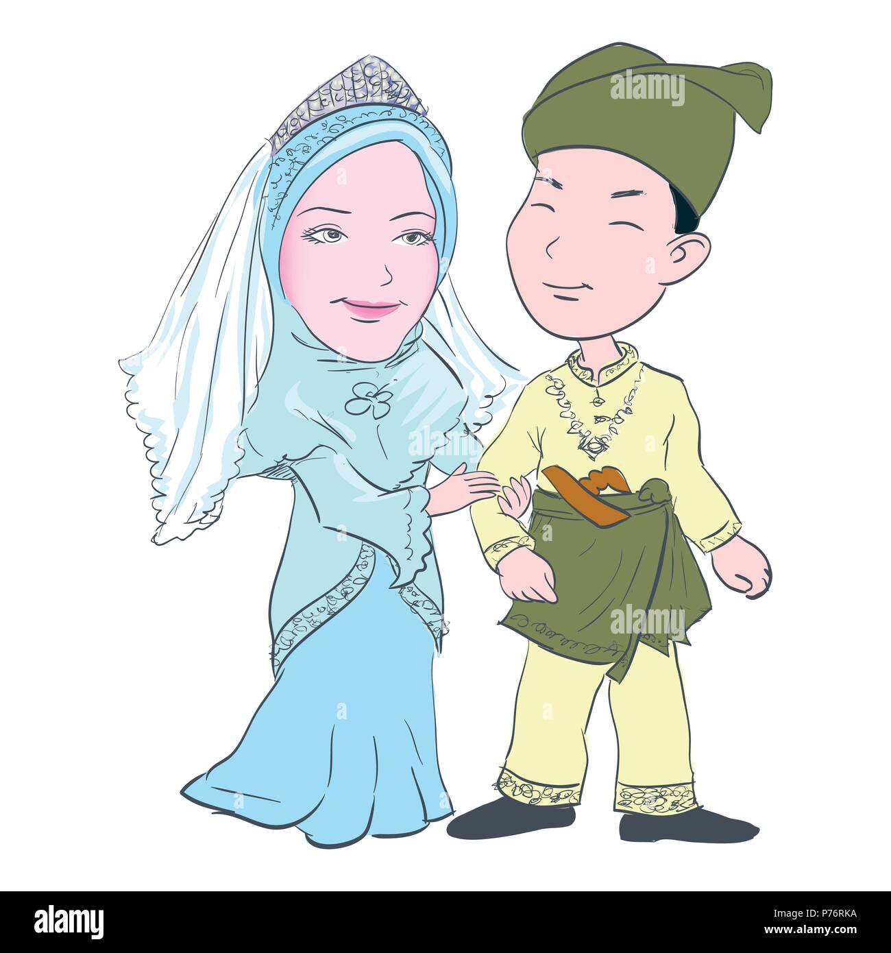Cartoon of Malay couple wedding in wearing traditional costumes, for Asian Traditional Cultural - Hand drawn Vector Illustration. Stock Vector