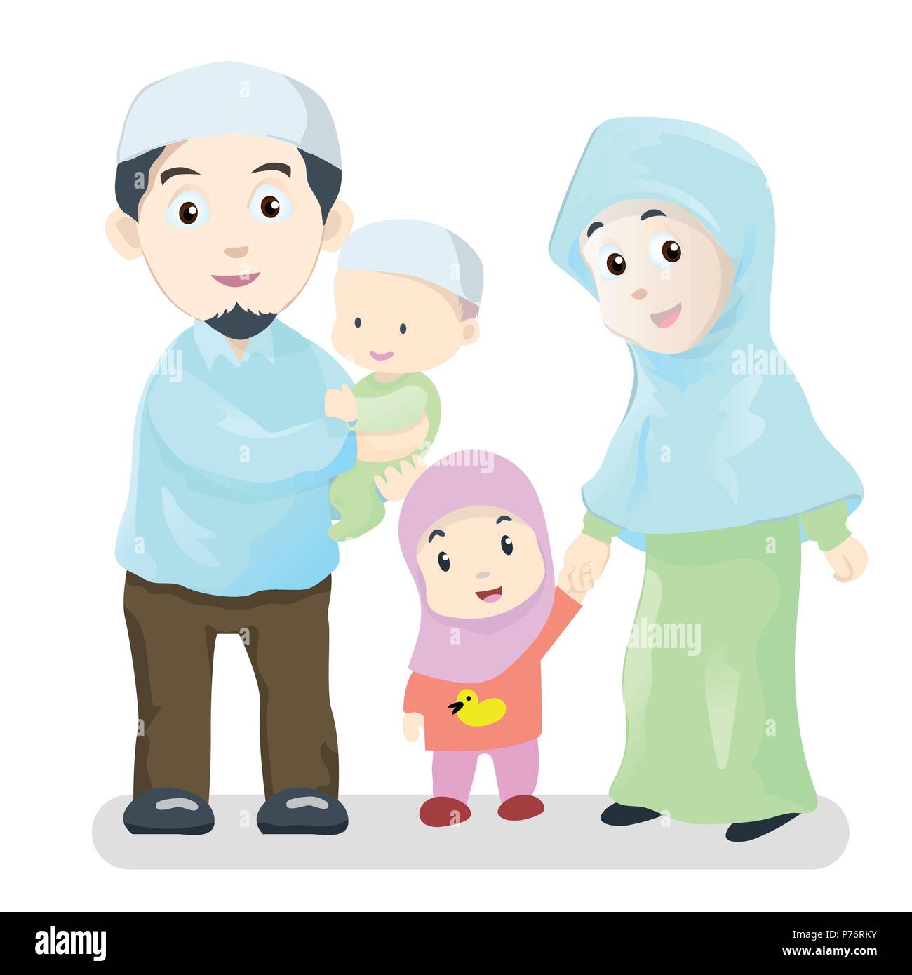 Happy Muslim Family, Vector cartoon muslim family characters set. muslim parents, father and mother holding infant baby boy, girl children. People in  Stock Vector