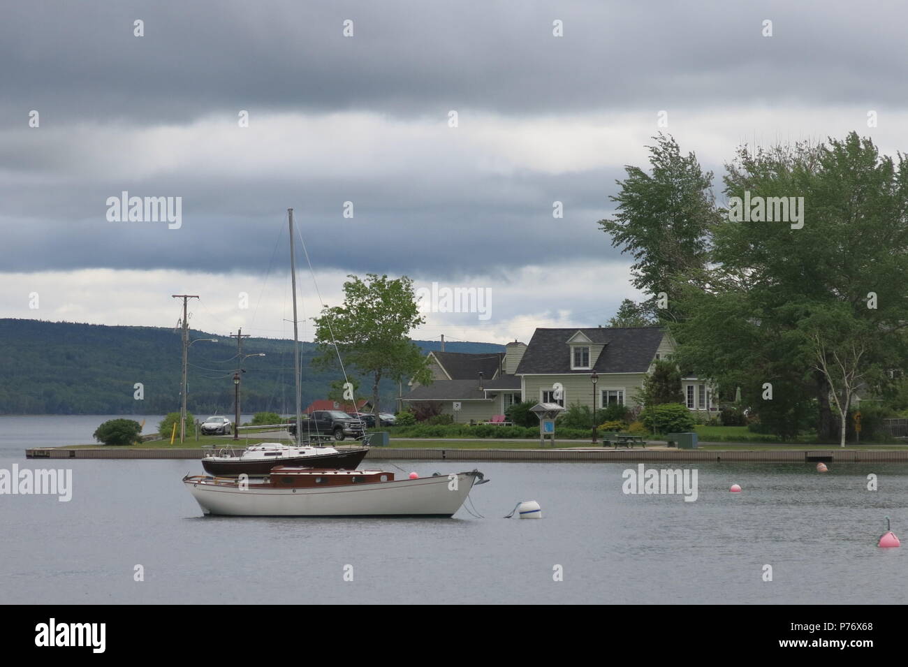 A view overlooking the harbour and lakefront at Baddeck, on the