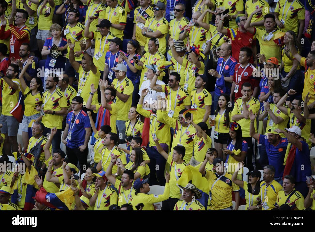 June 28, 2018. - Russia, Samara. - FIFA World Cup 2018. Group H. Senegal v Colombia (yellow T-Shirts), 0:1. In picture: football fans from Colombia. Stock Photo