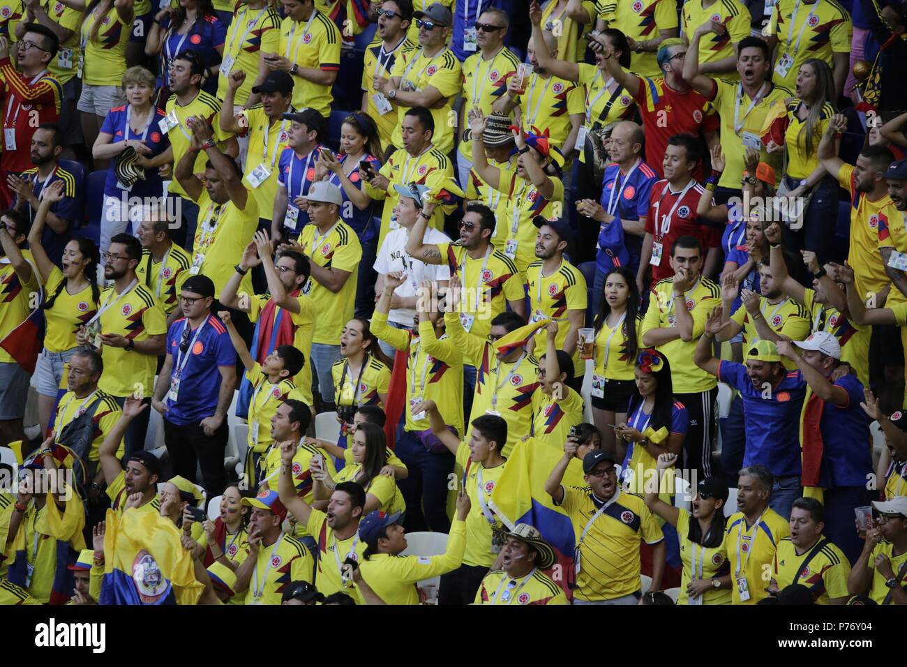 June 28, 2018. - Russia, Samara. - FIFA World Cup 2018. Group H. Senegal v Colombia (yellow T-Shirts), 0:1. In picture: football fans from Colombia. Stock Photo