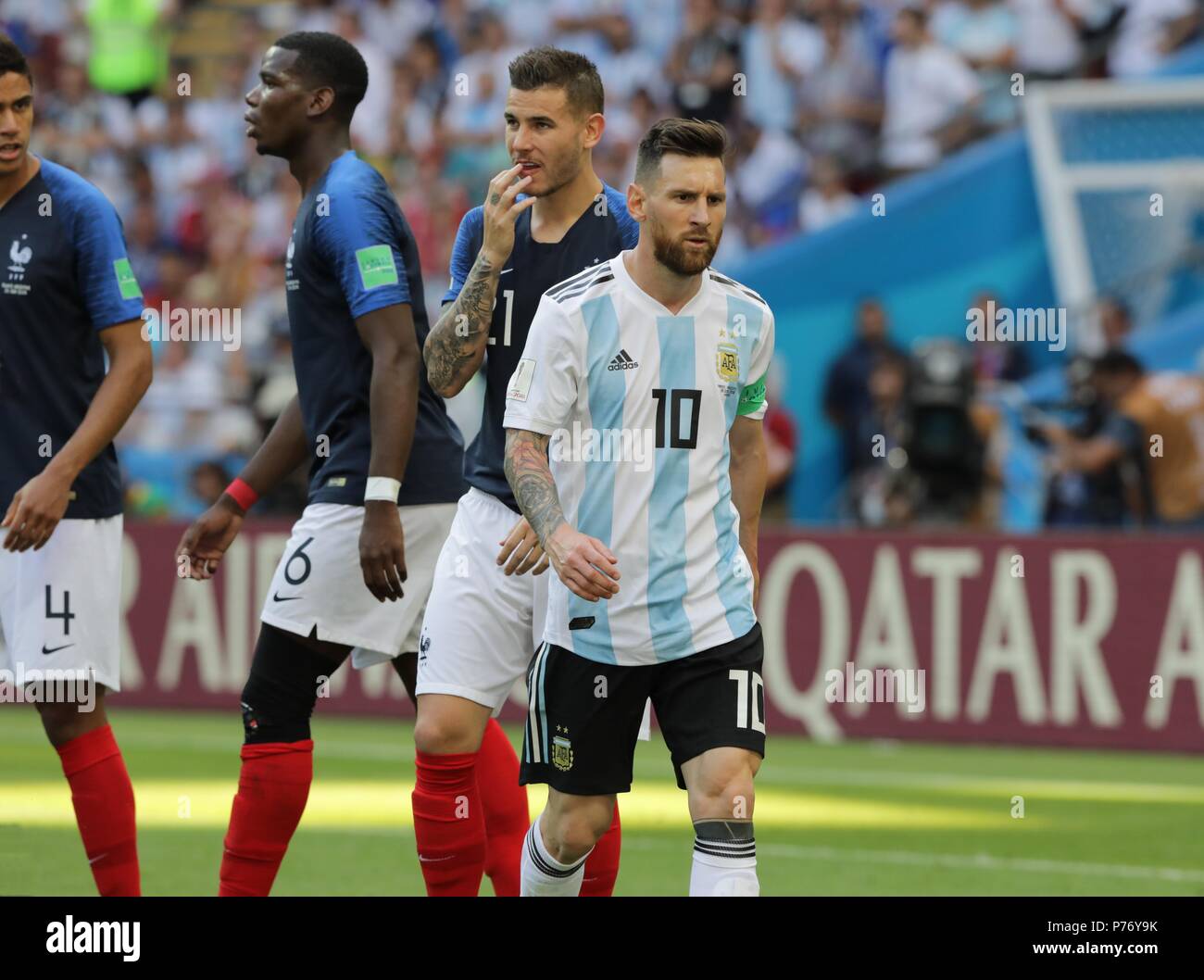 June 30, 2018. - Russia, Kazan. - 2018 FIFA World Cup round of 16 match. France v Argentina, 4:3. In picture: Argentina's player Lionel Messi (10) and France's players Raphael Varane (4), Paul Pogba (6), Lucas Hernandez (21). Stock Photo