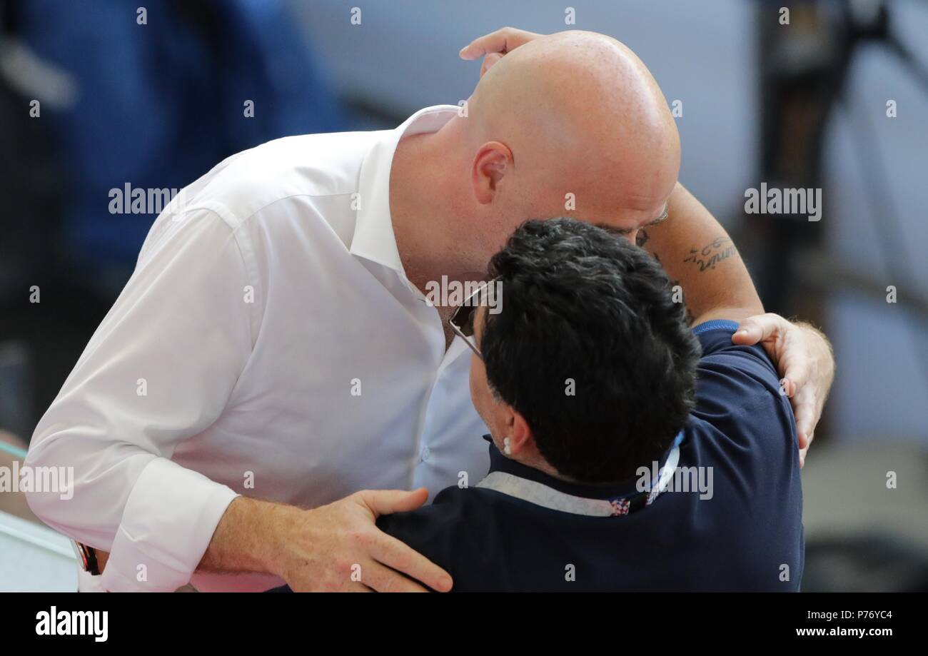 June 30, 2018. - Russia, Kazan. - 2018 FIFA World Cup round of 16 match. France v Argentina, 4:3. In picture: FIFA President Gianni Infantino and former football player Diego Maradona. Stock Photo