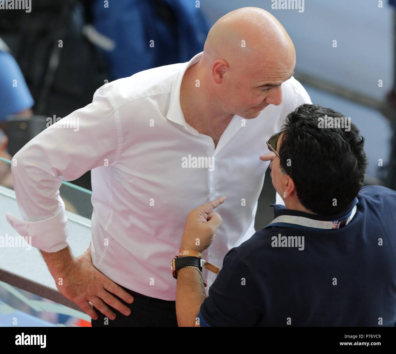 June 30, 2018. - Russia, Kazan. - 2018 FIFA World Cup round of 16 match. France v Argentina, 4:3. In picture: FIFA President Gianni Infantino and former football player Diego Maradona. Stock Photo