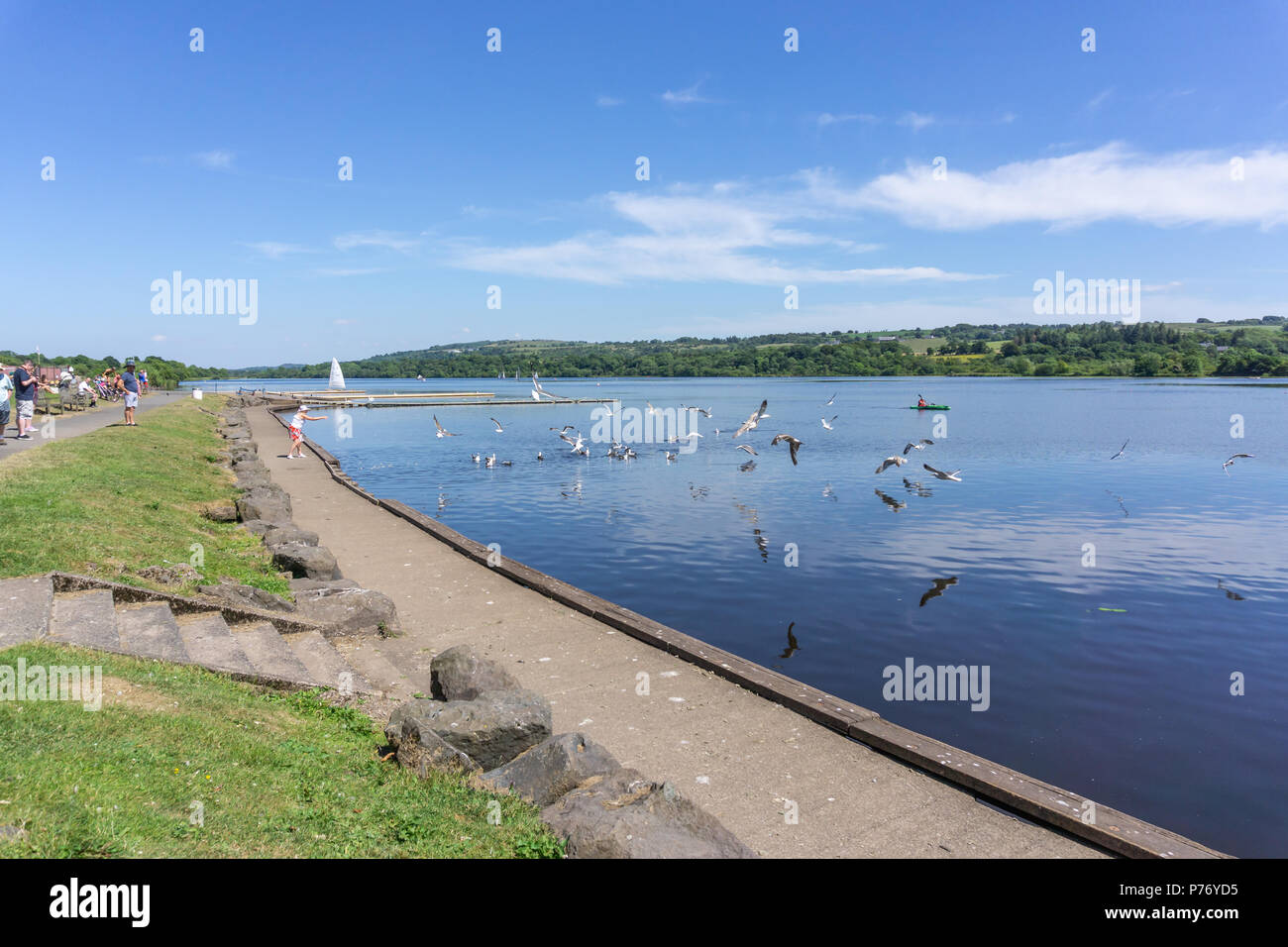 Lochwinnoch, Scotland, UK - July 01, 2018: Clyde Muirshiel Castle Semple visitors centre in Lochwinnoch taking advantage of the unusual hot weather in Stock Photo