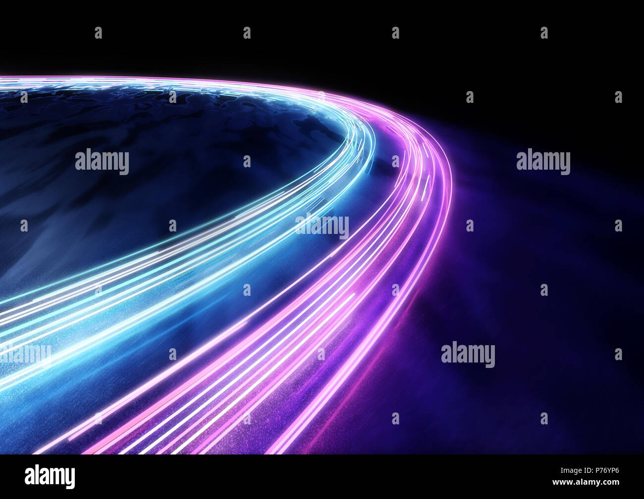 Cyan and pink neon car trail lights background. 3D illustration. Stock Photo