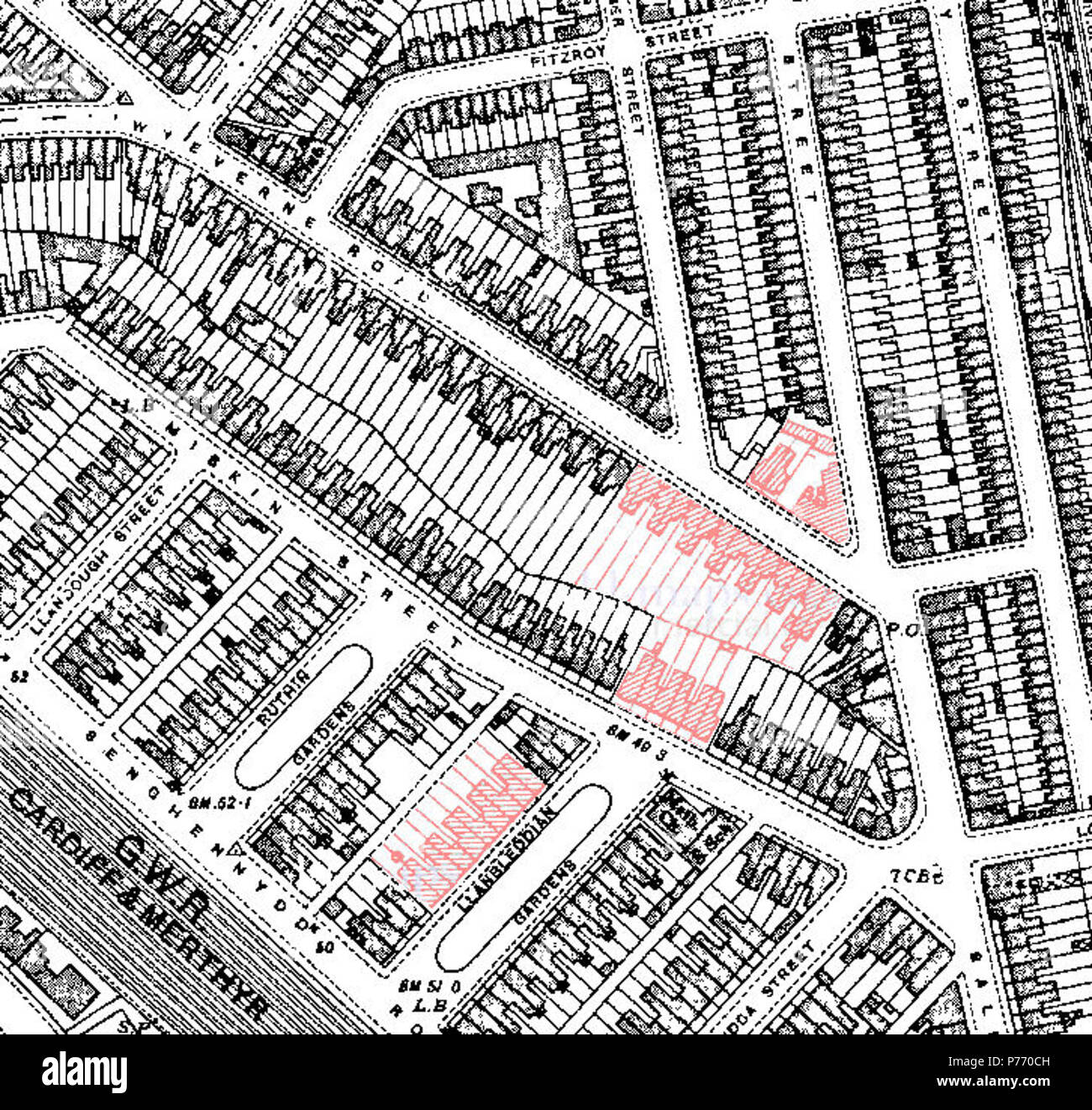 English: Map of damage in Cathays during the Cardiff Blitz caused when 2 parachute landmines detonated, killing 23 people. 7 March 2017 1 Cathays landmines 29th April 1941 Stock Photo