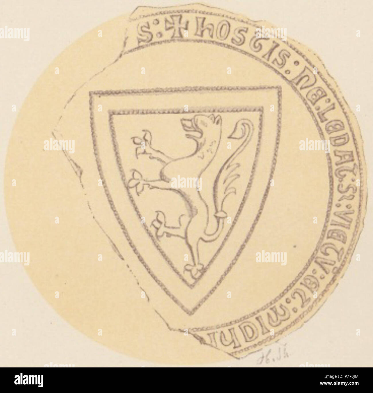 English: Seal (reverse) of Duke Haakon Magnusson of Norway (later Haakon V), based on three documents, dated 1286/87/88. Text: ' HOSTIS : NE : LEDAT : Sed : VICTUm : SE : MICHI : [dedat : in bello : clipeus sit dominvs]'. Size: 88 mm. 4 August 2012 2 Hertug Haakon Magnusson PI X 2 Stock Photo