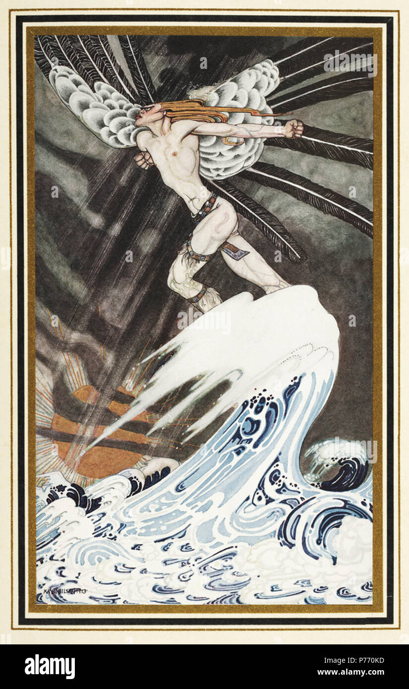 English: ‘The North Wind goes over the sea’ Illustration by Kay Nielsen in East of the sun and west of the moon (1914). In the early twentieth century several English publishers issued a series of collector’s editions of children’s literature. These gift books, specially bound in gold-tooled vellum, were elaborately illustrated with coloured plates by the best illustrators of the time such as Arthur Rackham, Edmund Dulac, Hugh Thomson, and Heath Robinson. One of the most stunning is East of the sun and west of the moon illustrated by the Danish illustrator, Kay Nielsen. Nielsen (1886-1957) was Stock Photo