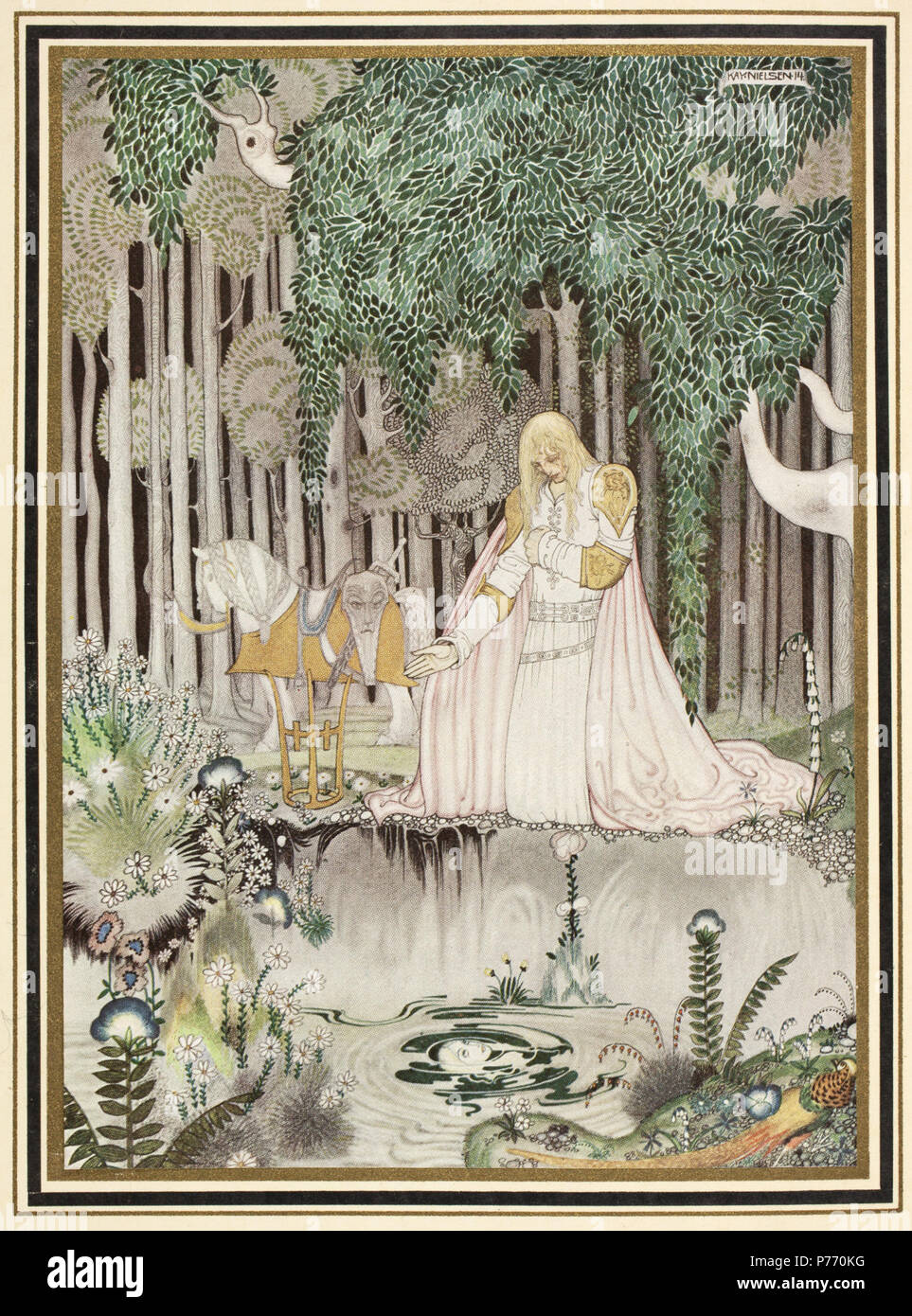 English: ‘He too saw the image in the water; but he looked up at once, and became aware of the lovely Lassie who sat there up in the tree’ Illustration by Kay Nielsen in East of the sun and west of the moon (1914). In the early twentieth century several English publishers issued a series of collector’s editions of children’s literature. These gift books, specially bound in gold-tooled vellum, were elaborately illustrated with coloured plates by the best illustrators of the time such as Arthur Rackham, Edmund Dulac, Hugh Thomson, and Heath Robinson. One of the most stunning is East of the sun a Stock Photo