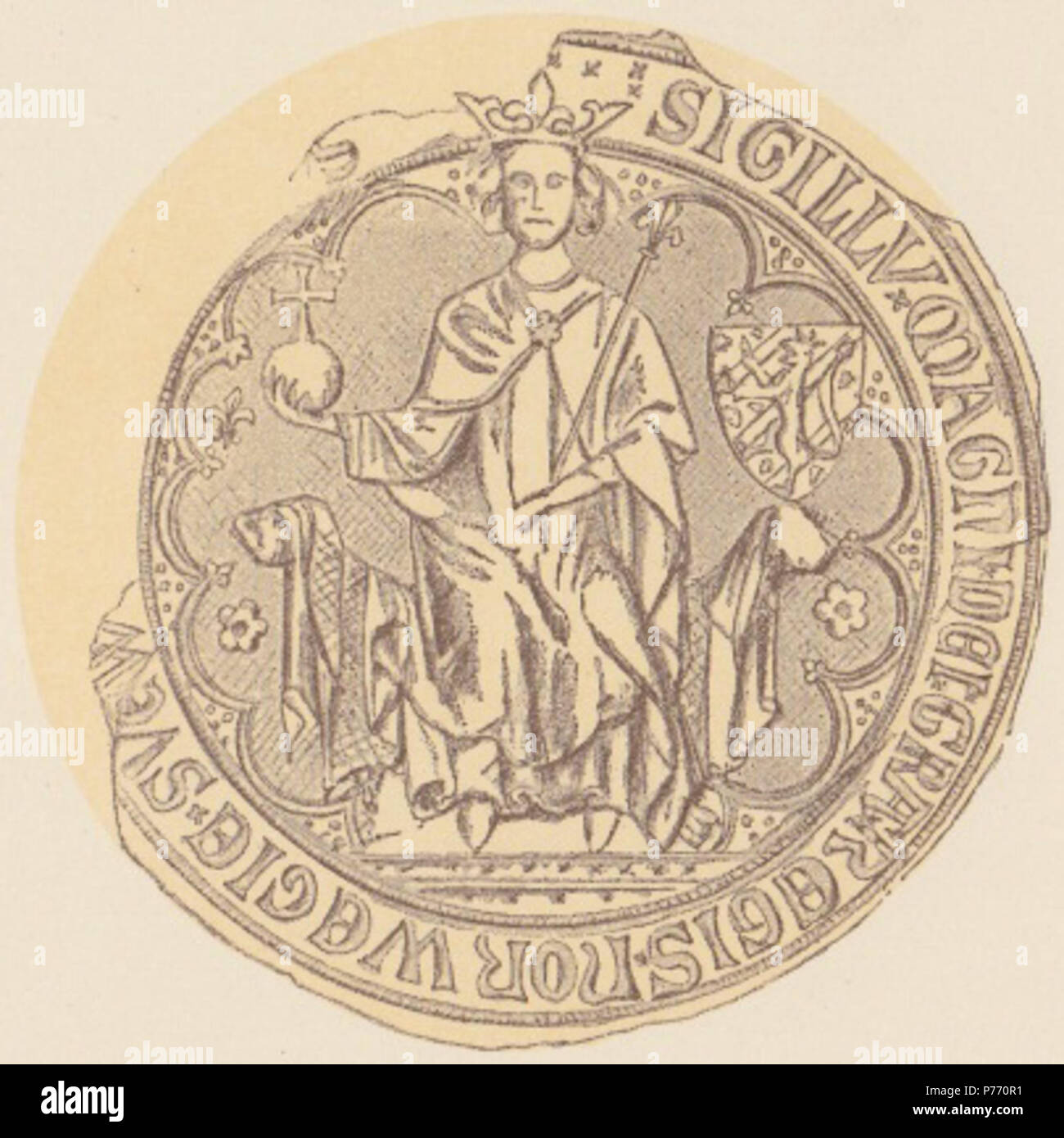 English: Seal (front) of King Magnus VII of Norway/Magnus IV of Sweden, based on 22 documents, dated 1321–67. Text: ' : SIGILLVm  MAGNI  DEI : GRaciA : REGIS  NORWEGIE : SVEWORVM : ET : GOTORvm ILLVSTriS :'. Size: 92 mm. 4 August 2012 2 Kong Magnus Eriksson PI XV 1 Stock Photo