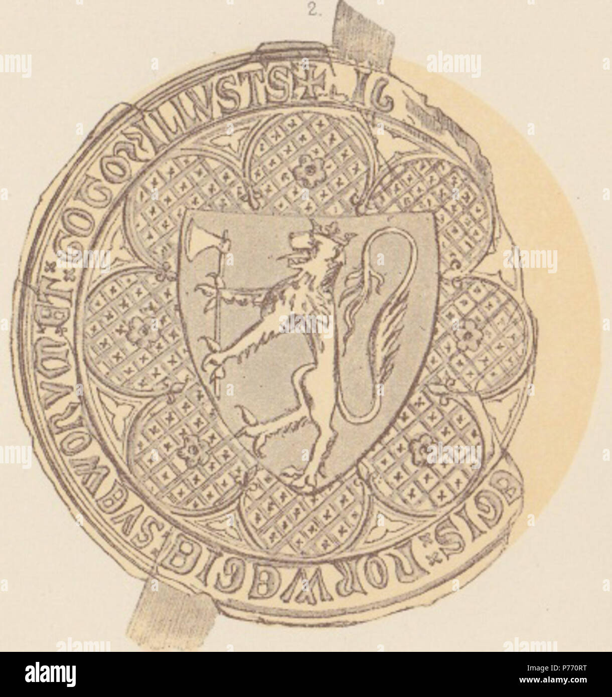 English: Seal (reverse) of King Magnus VII of Norway/Magnus IV of Sweden, based on 22 documents, dated 1321–67. Text: '  [sigillvm  magni  dei  gracia  r]EGIS : NORWEGIE : SVEWORVM : ET : GOTORvm ILLVSTriS'. Size: 92 mm. 4 August 2012 2 Kong Magnus Eriksson PI XV 2 Stock Photo