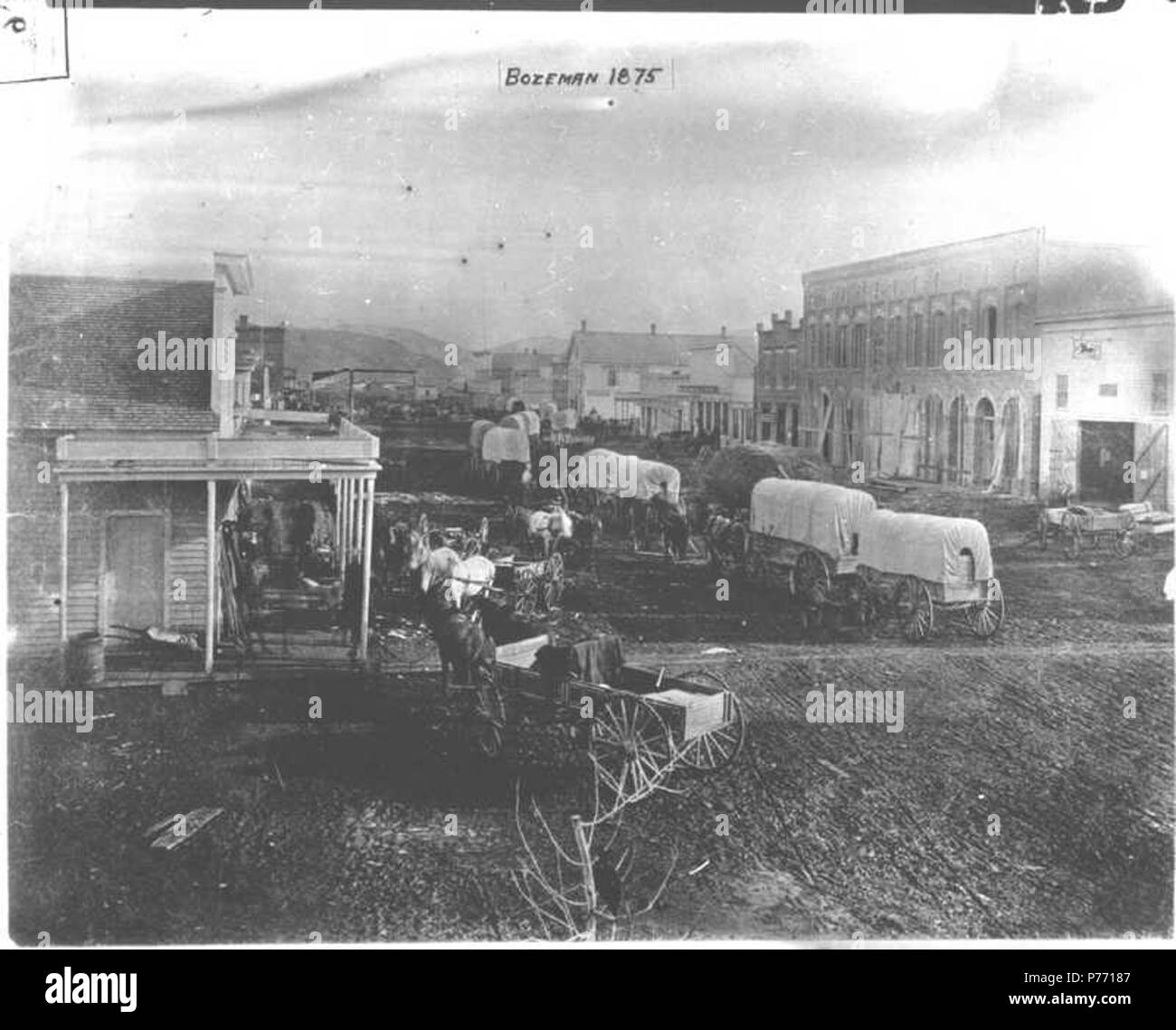 English: Titled: 'Bozeman Main Street, 1875' but the caption is incorrect. 1873 1 BozemanMainStreet1875 Stock Photo