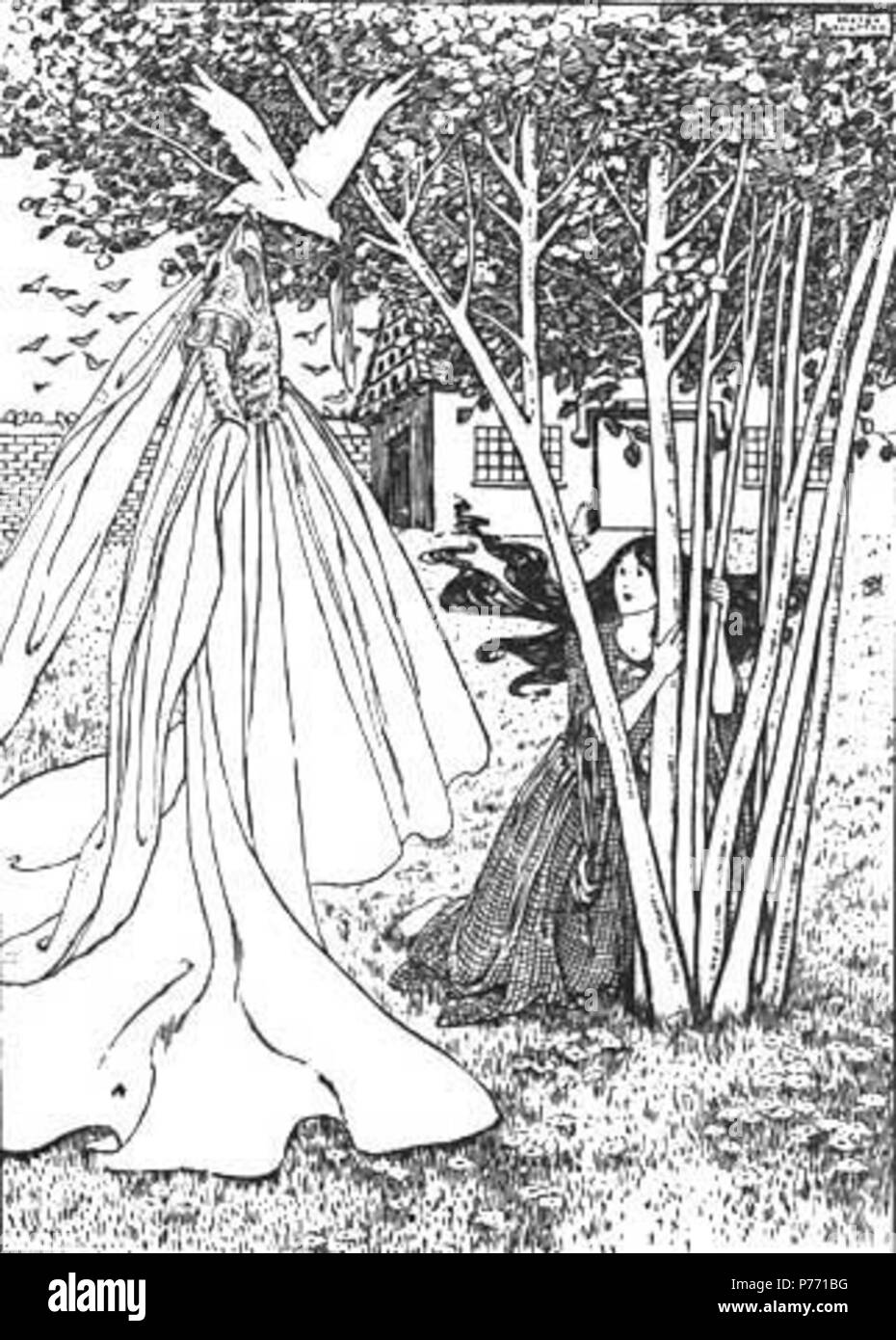 English: From a 1903 edition of Grimms' Fairy Tales, depicting a scene from the 'Cinderella' fairytale, in which a bird gives the titular character a beautiful ball gown. 1903 1 Helen Stratton Cinderella Stock Photo
