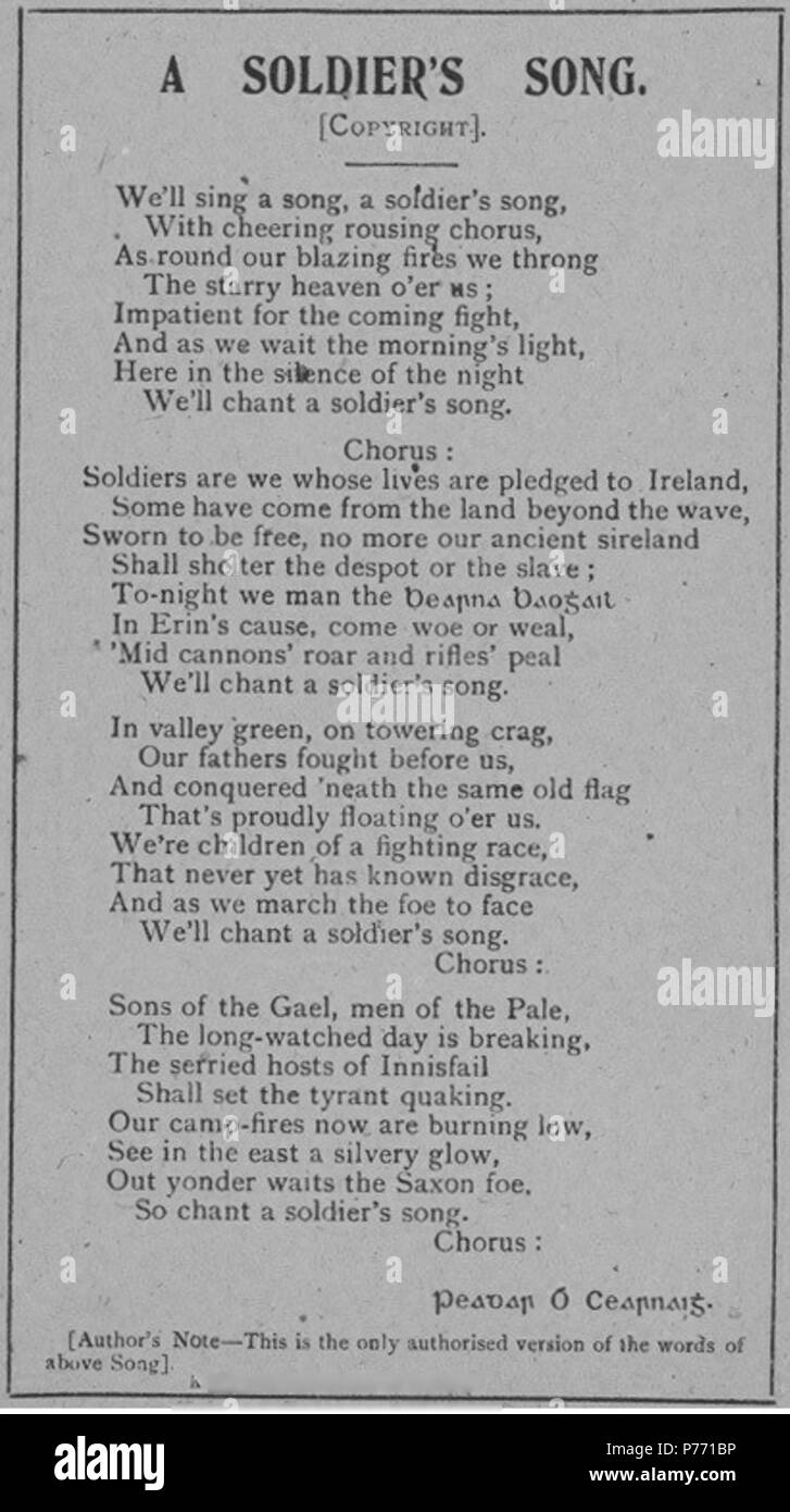 English: Irish national anthem lyrics from 1916. 1916 1 Irish national anthem (1916) Stock Photo